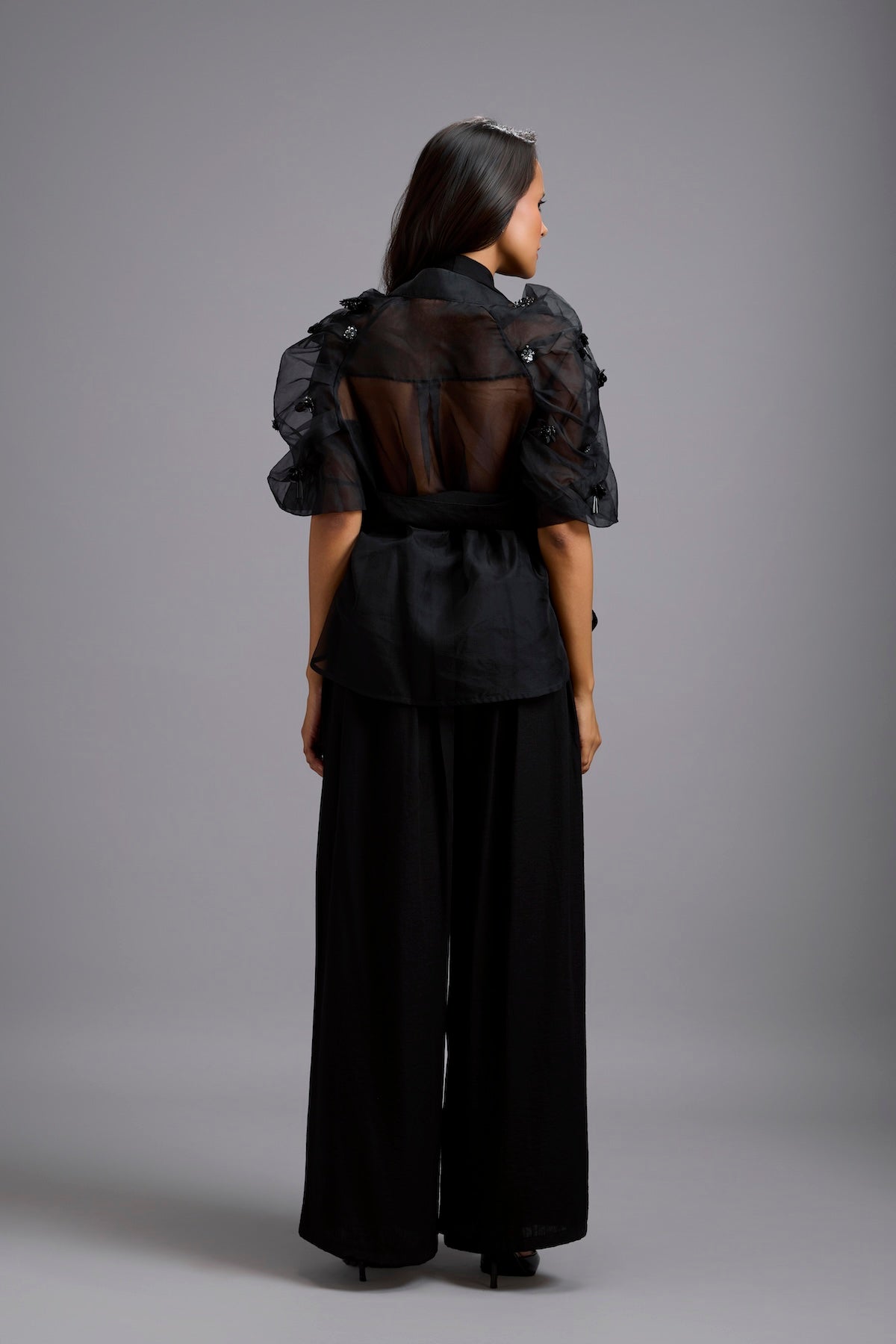 High-Neck Blouse with Floral Sleeves & Wide-Leg Trousers