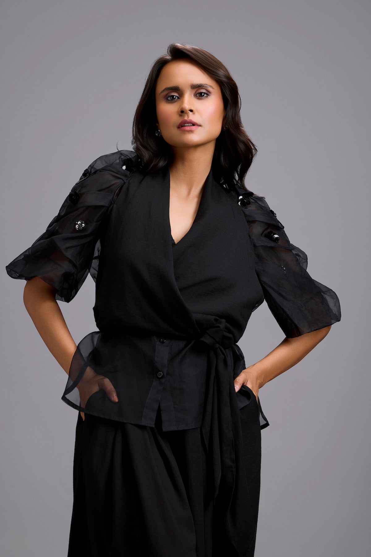 High-Neck Blouse with Floral Sleeves & Wide-Leg Trousers