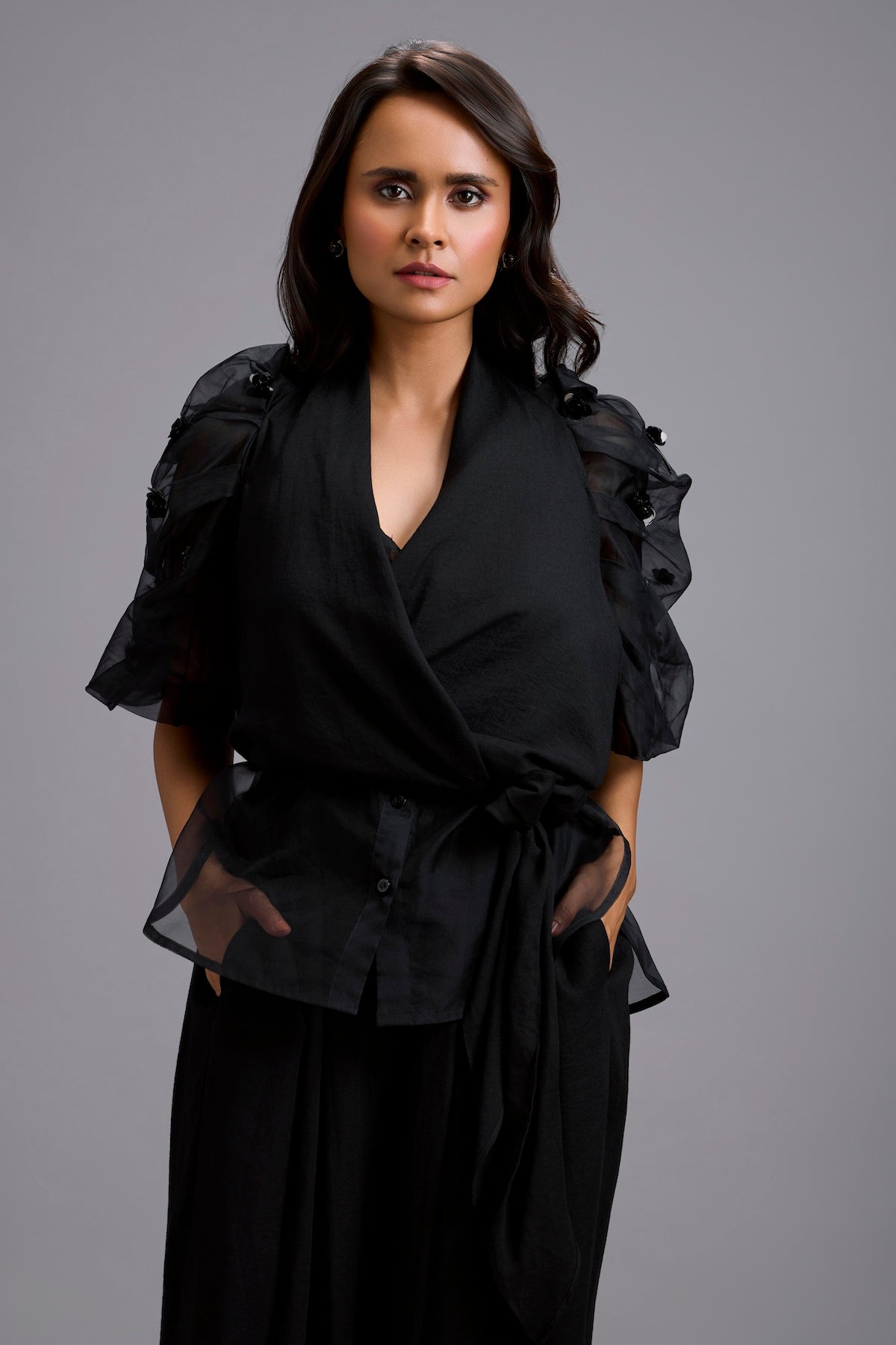 High-Neck Blouse with Floral Sleeves & Wide-Leg Trousers