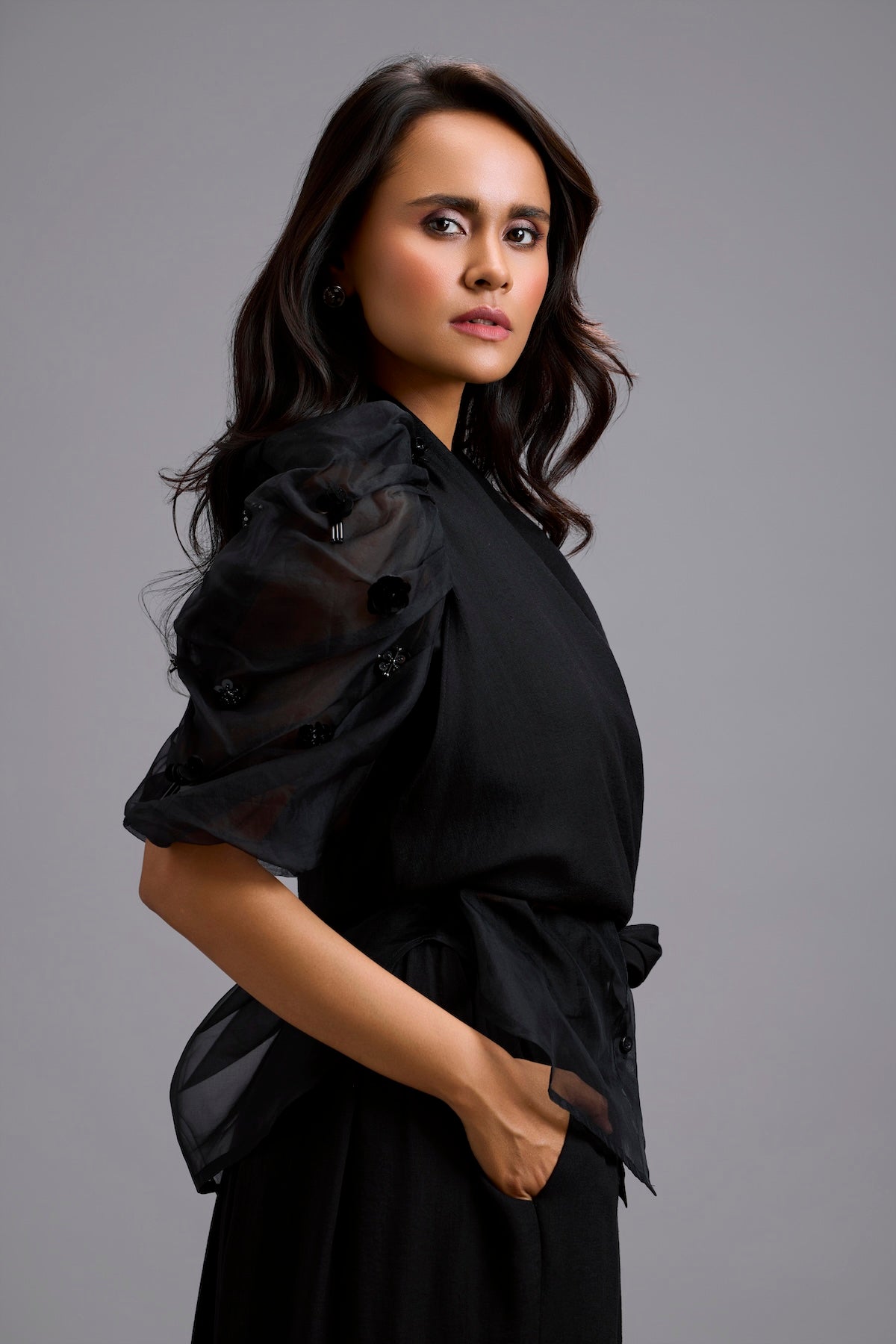 High-Neck Blouse with Floral Sleeves & Wide-Leg Trousers