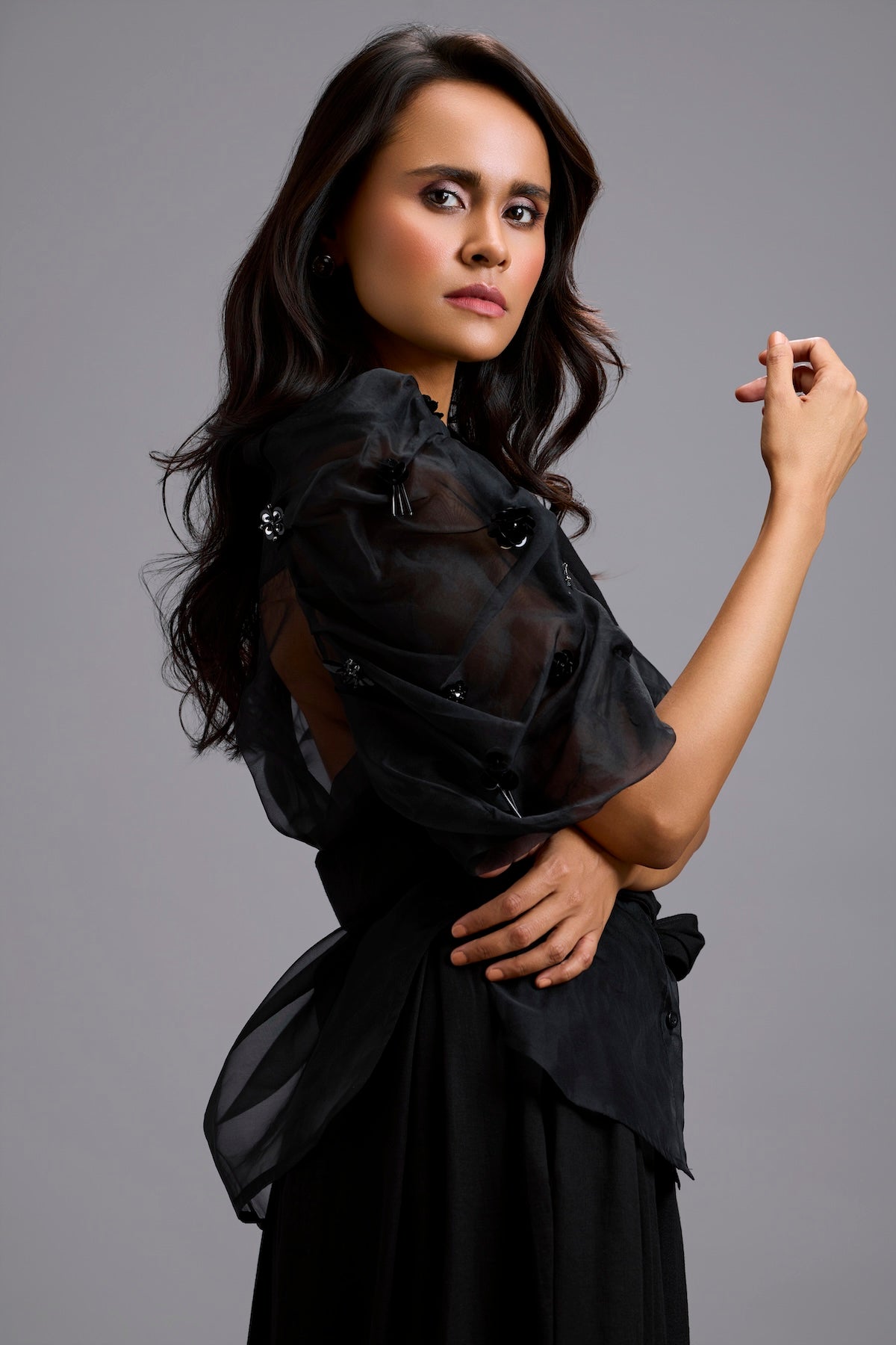 High-Neck Blouse with Floral Sleeves & Wide-Leg Trousers