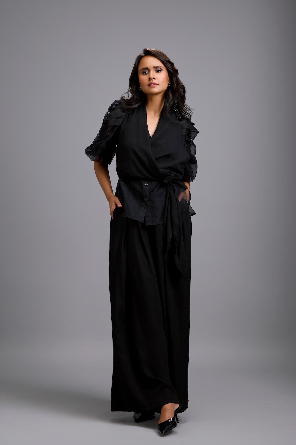 High-Neck Blouse with Floral Sleeves & Wide-Leg Trousers