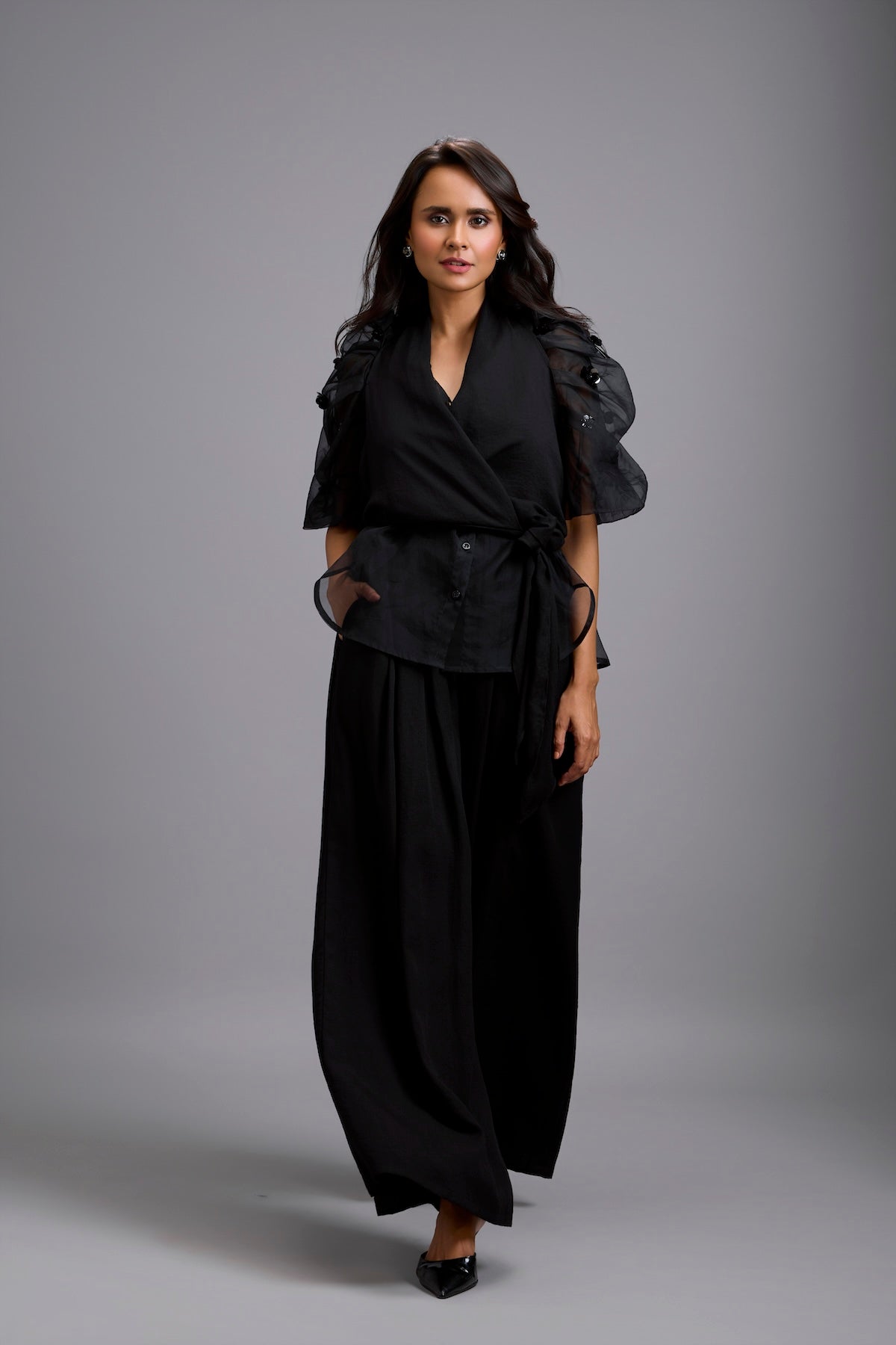 High-Neck Blouse with Floral Sleeves & Wide-Leg Trousers