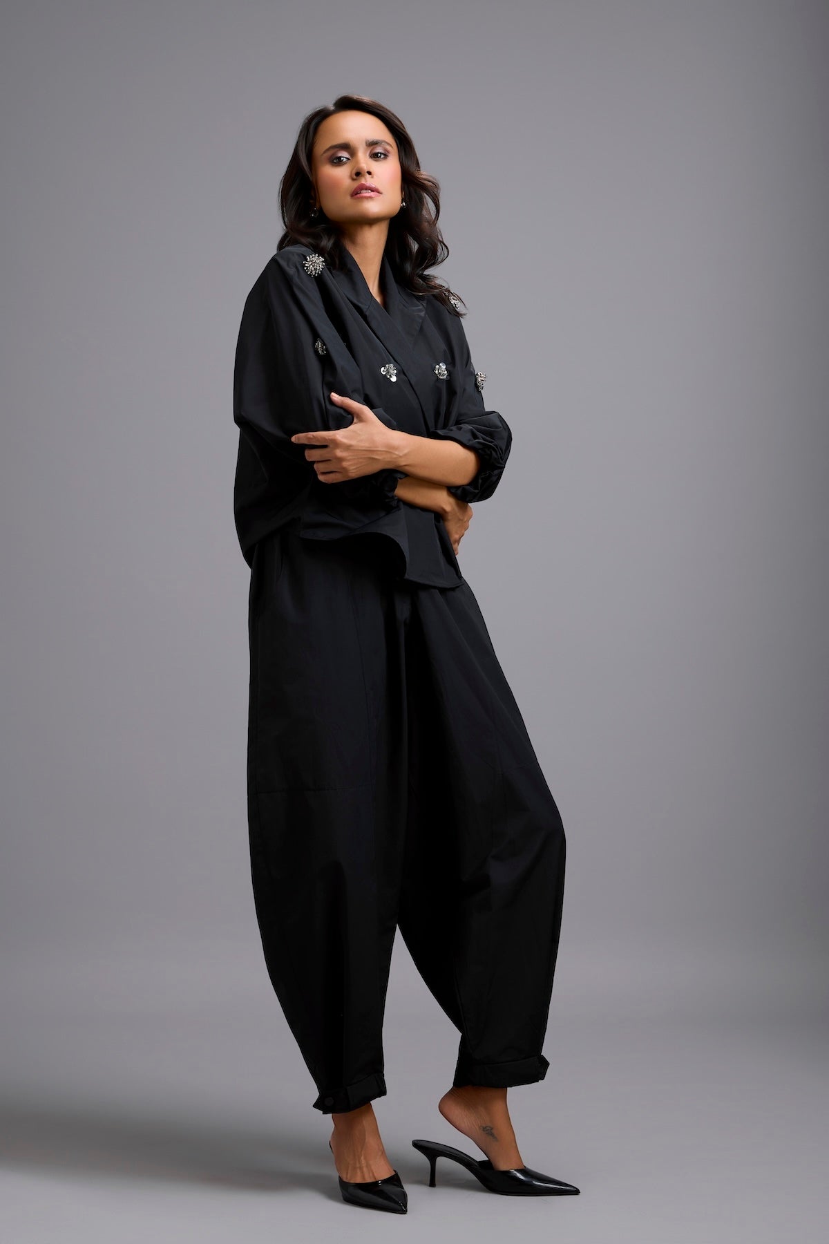 Embellished Cropped Blazer with Drop-Crotch Pants