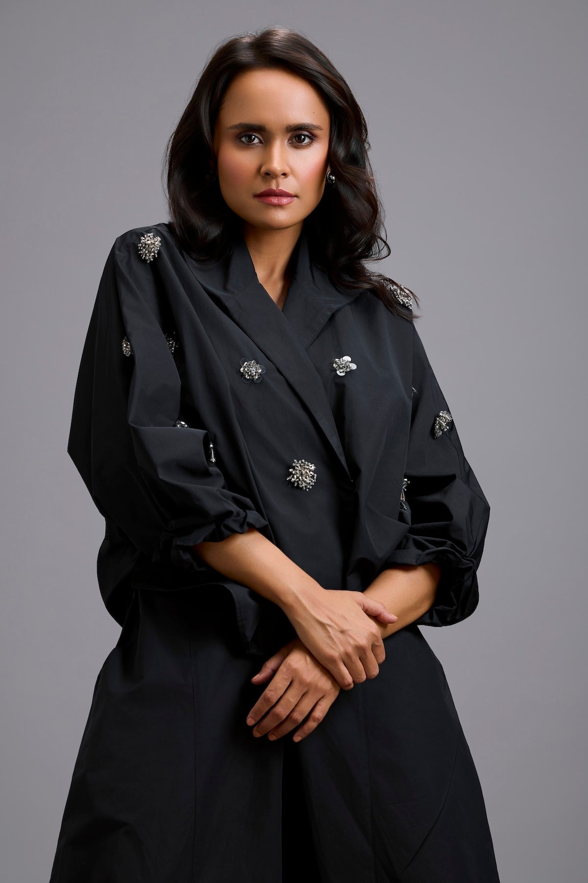 Embellished Cropped Blazer with Drop-Crotch Pants