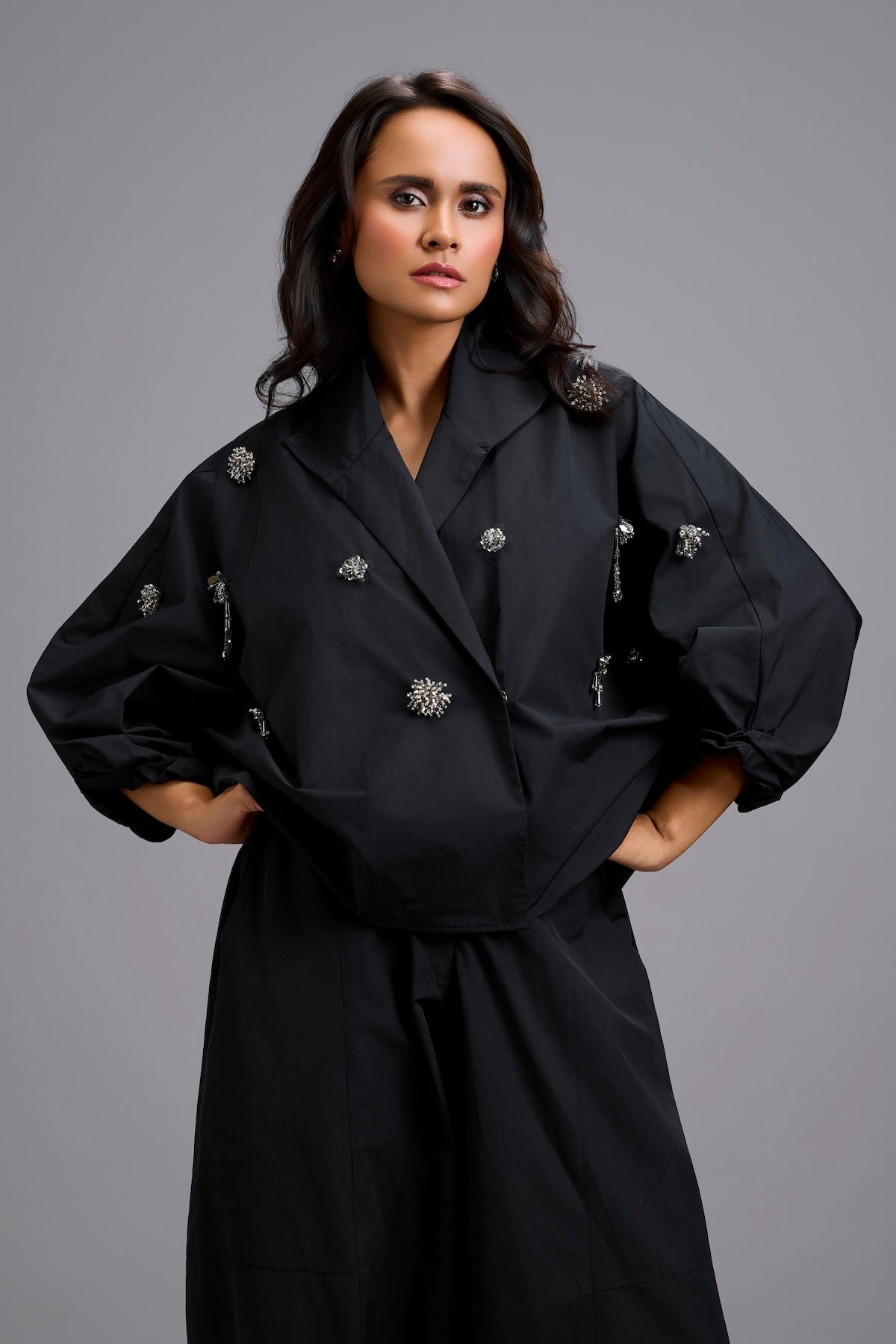 Embellished Cropped Blazer with Drop-Crotch Pants