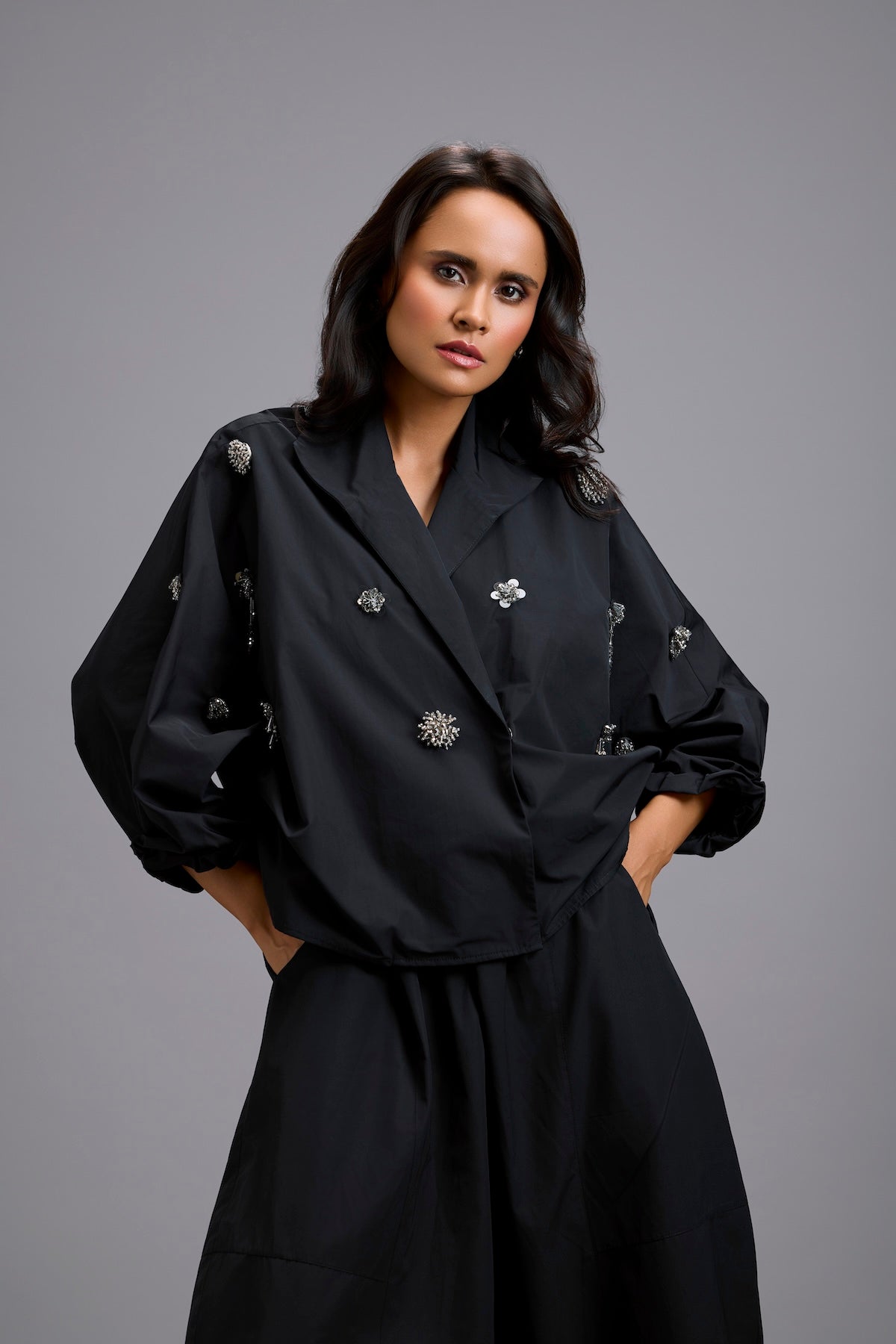 Cropped Embellished Blazer with Wrap Front