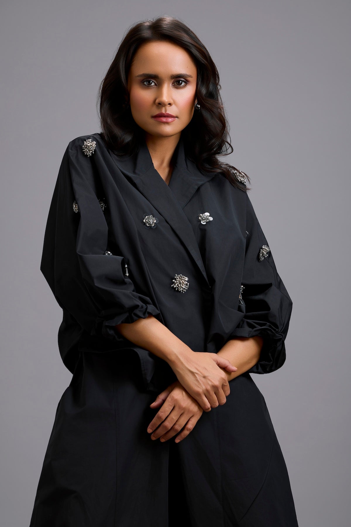 Cropped Embellished Blazer with Wrap Front