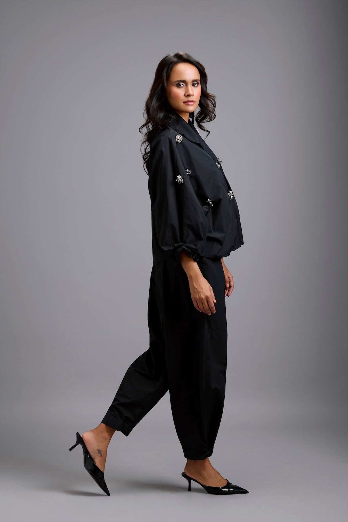 Embellished Cropped Blazer with Drop-Crotch Pants