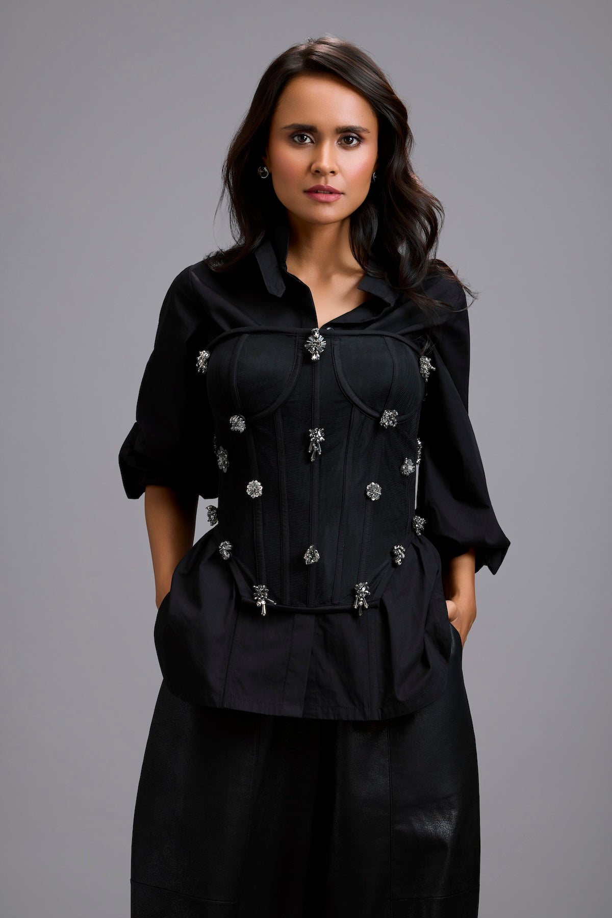 Rhinestone-Embellished Corset Shirt with Leather Pants