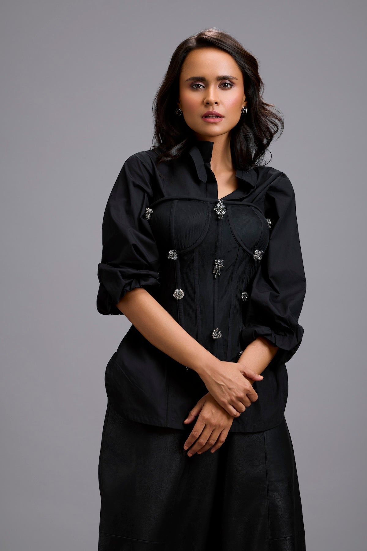 Rhinestone-Embellished Corset Shirt with Leather Pants