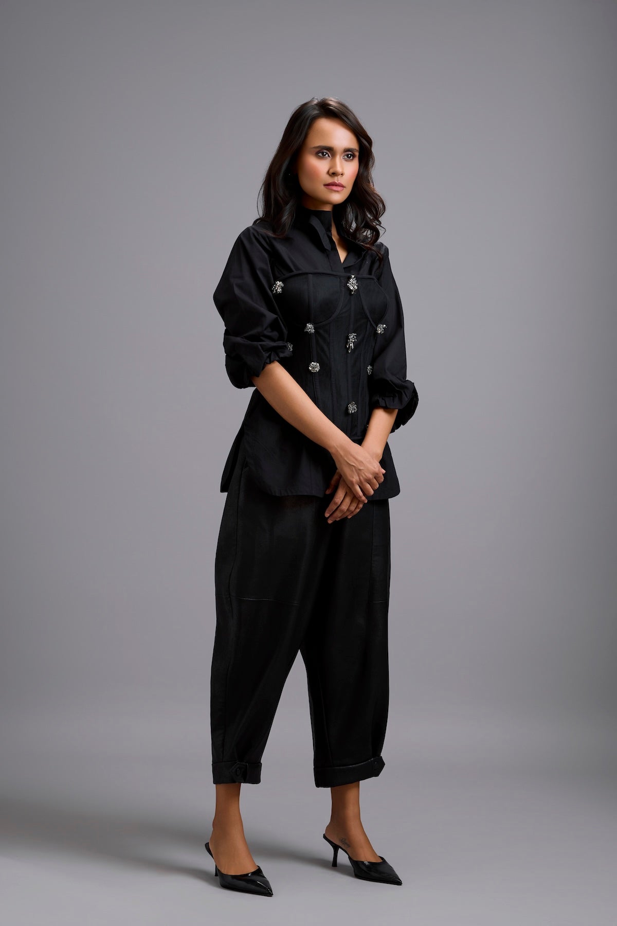Rhinestone-Embellished Corset Shirt with Leather Pants