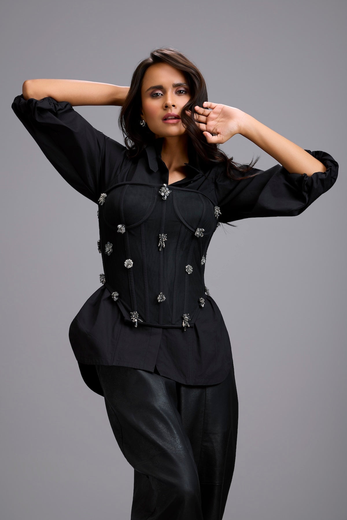 Rhinestone-Embellished Corset Shirt with Leather Pants