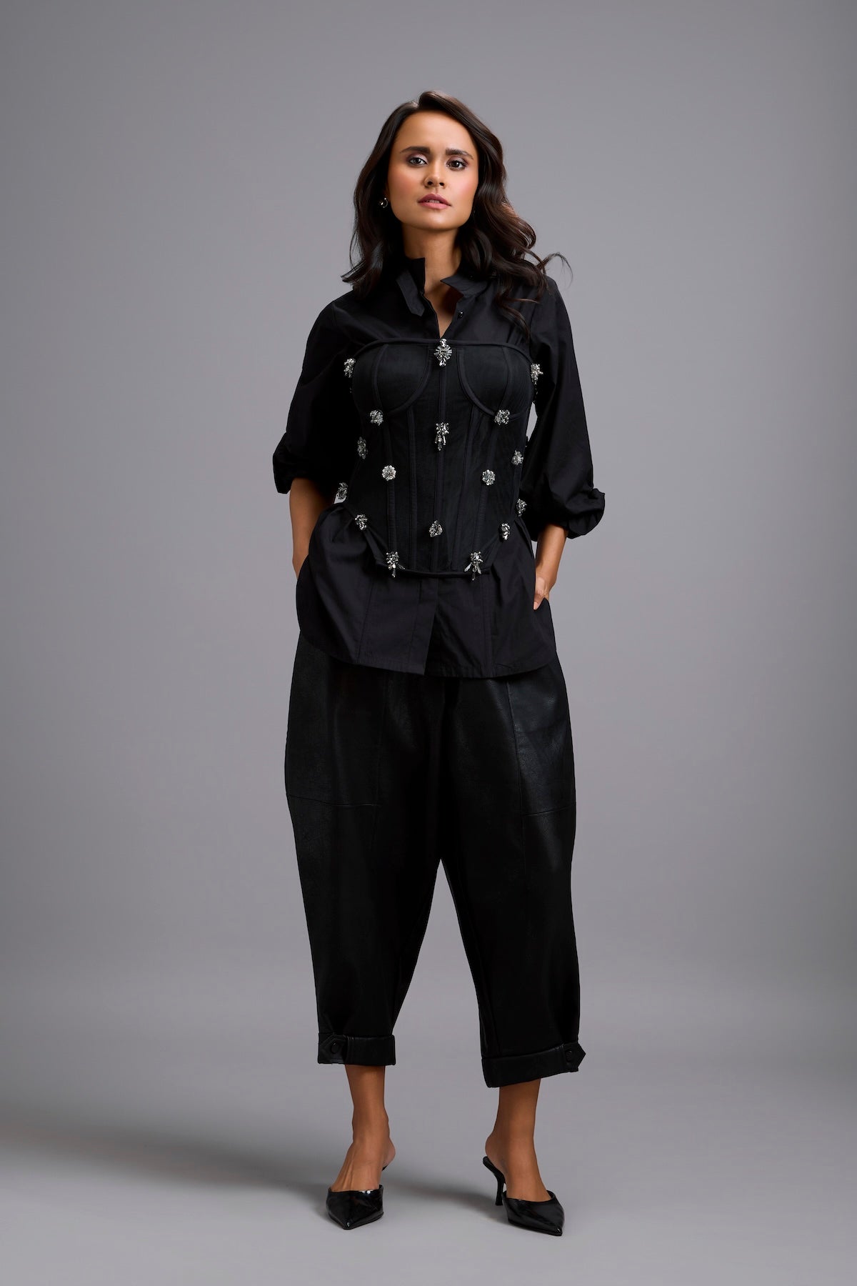 Rhinestone-Embellished Corset Shirt with Leather Pants