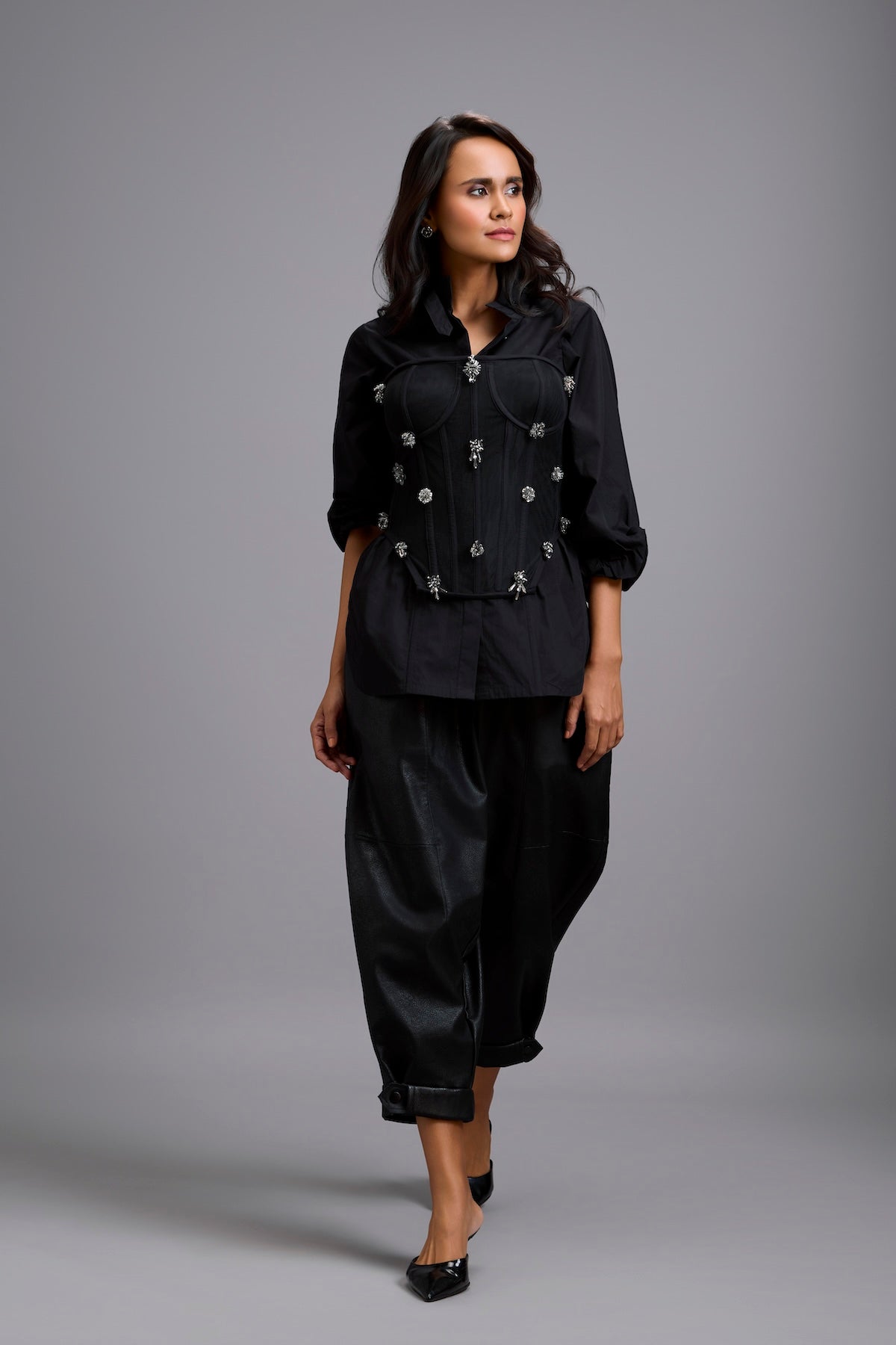 Rhinestone-Embellished Corset Shirt with Leather Pants