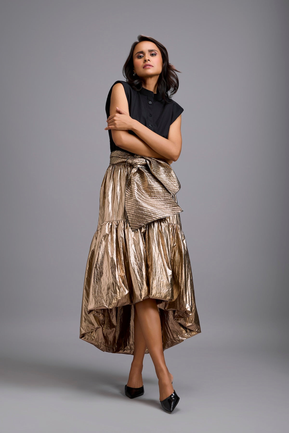 Metallic Gold High-Low Skirt with Oversized Bow