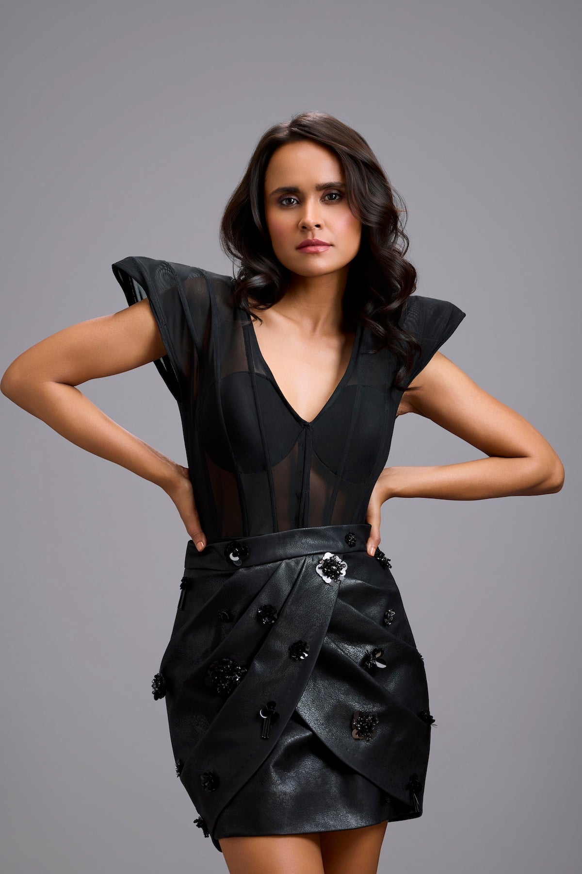 Leather Wrap Skirt with Sheer Corset Top