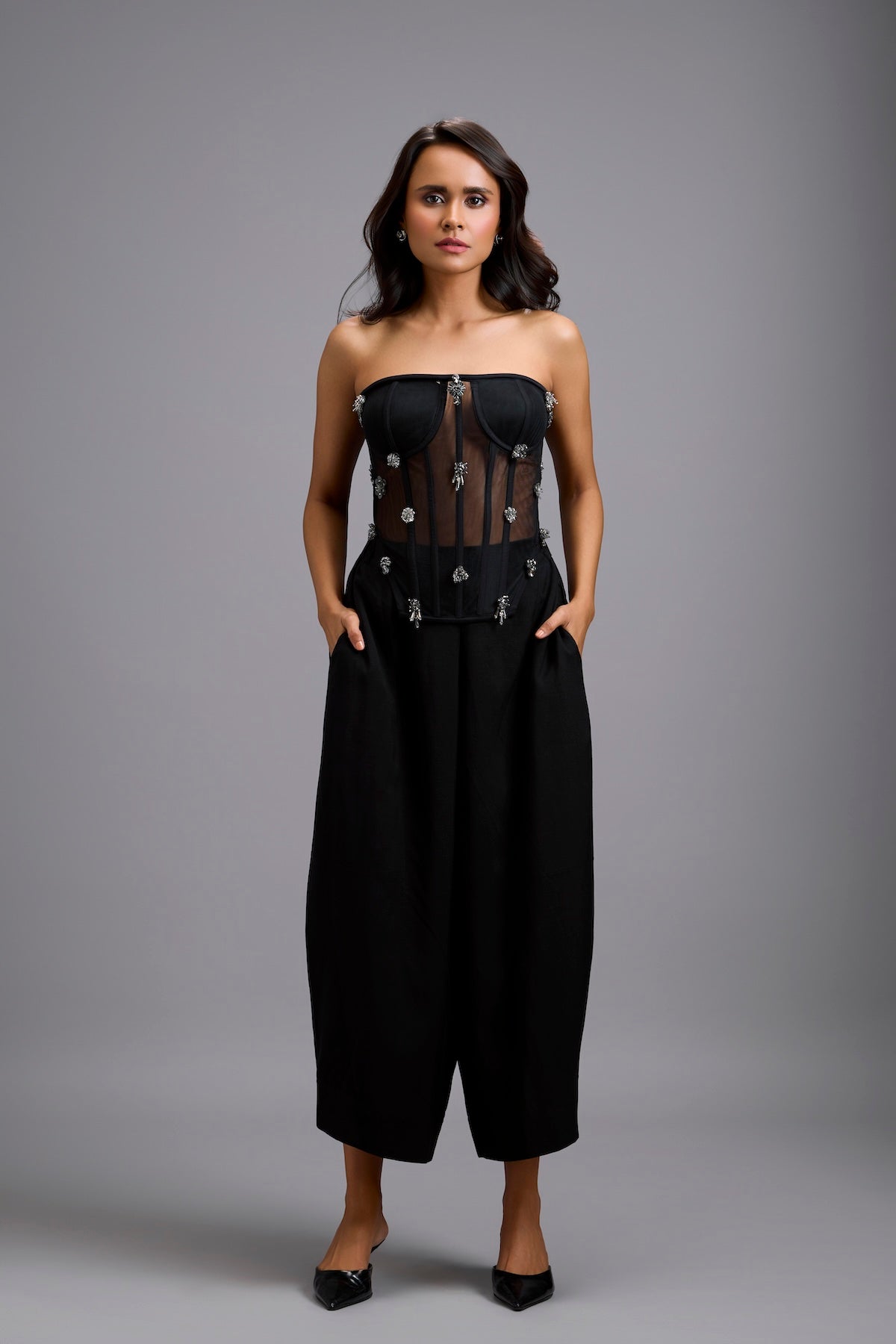 Sheer Rhinestone Corset with Wide-Leg Trousers