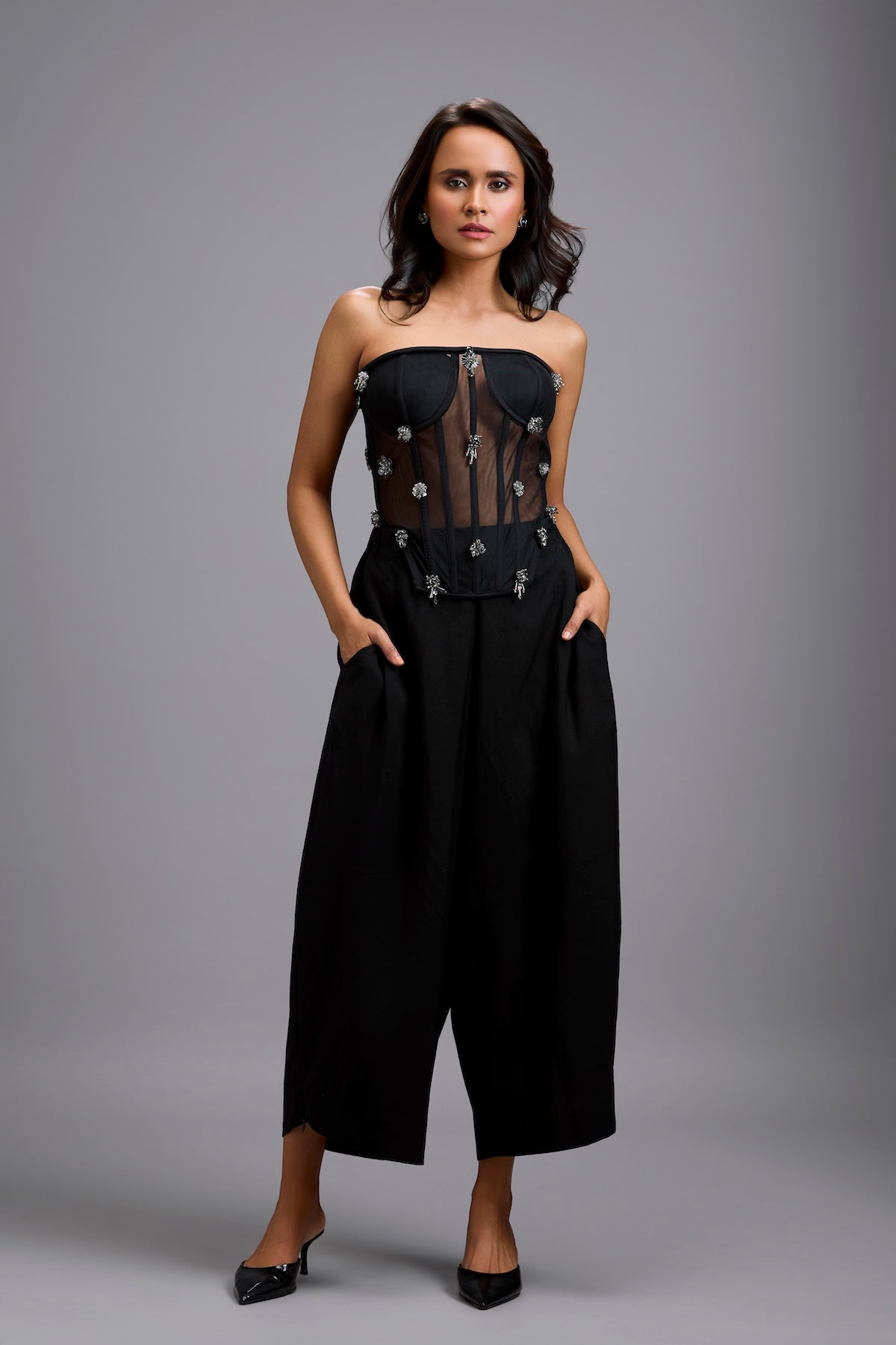 Sheer Rhinestone Corset with Wide-Leg Trousers