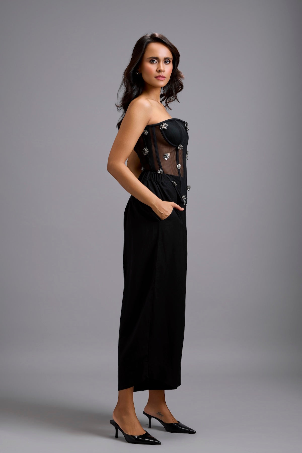 Sheer Rhinestone Corset with Wide-Leg Trousers