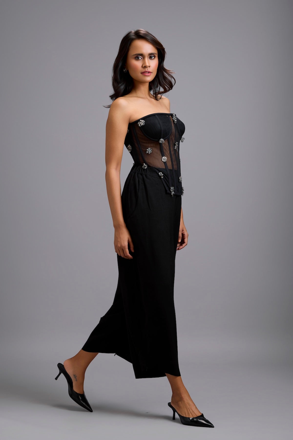 Sheer Rhinestone Corset with Wide-Leg Trousers