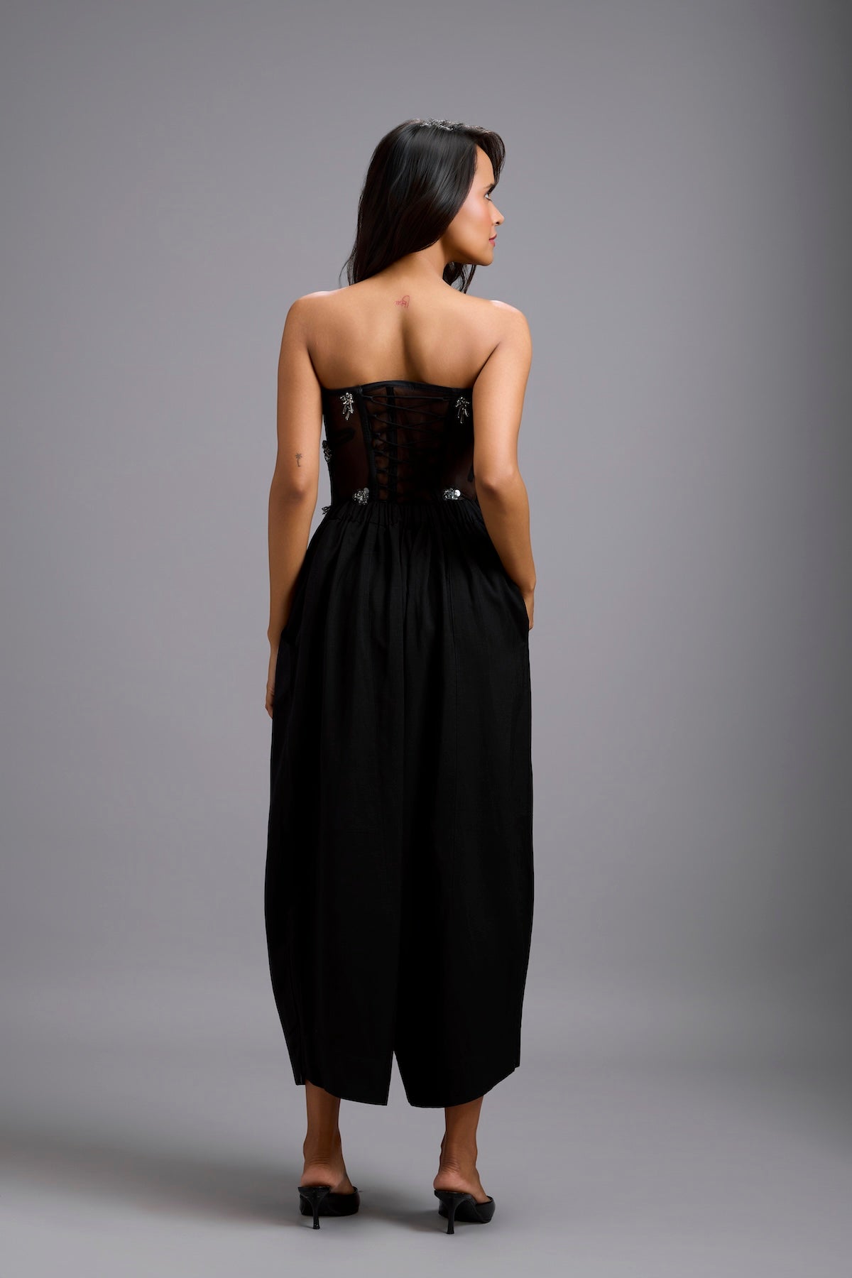 Sheer Rhinestone Corset with Wide-Leg Trousers