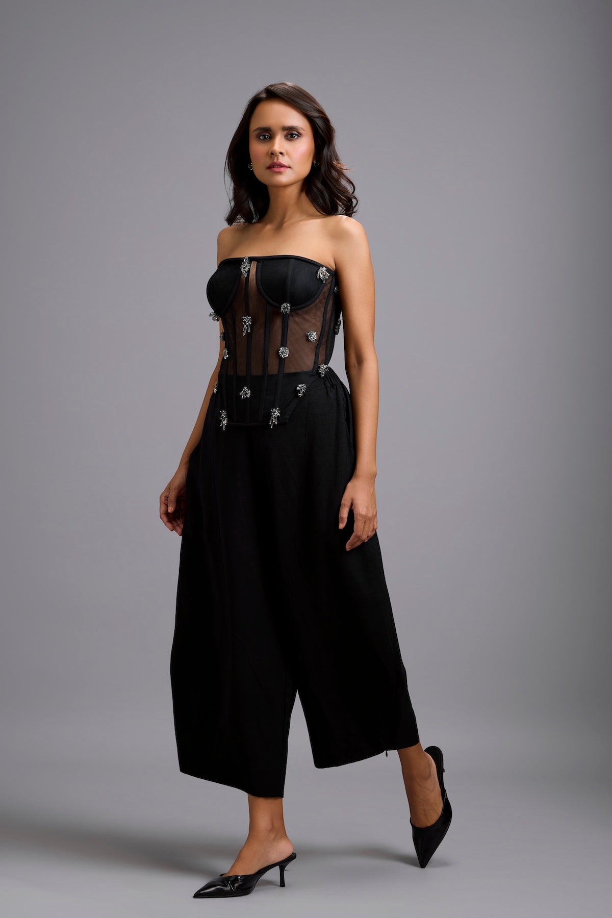 Sheer Rhinestone Corset with Wide-Leg Trousers