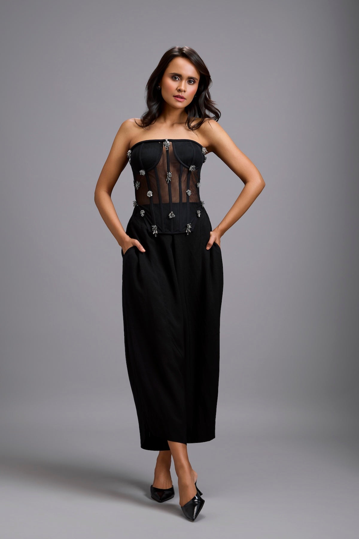 Sheer Rhinestone Corset with Wide-Leg Trousers