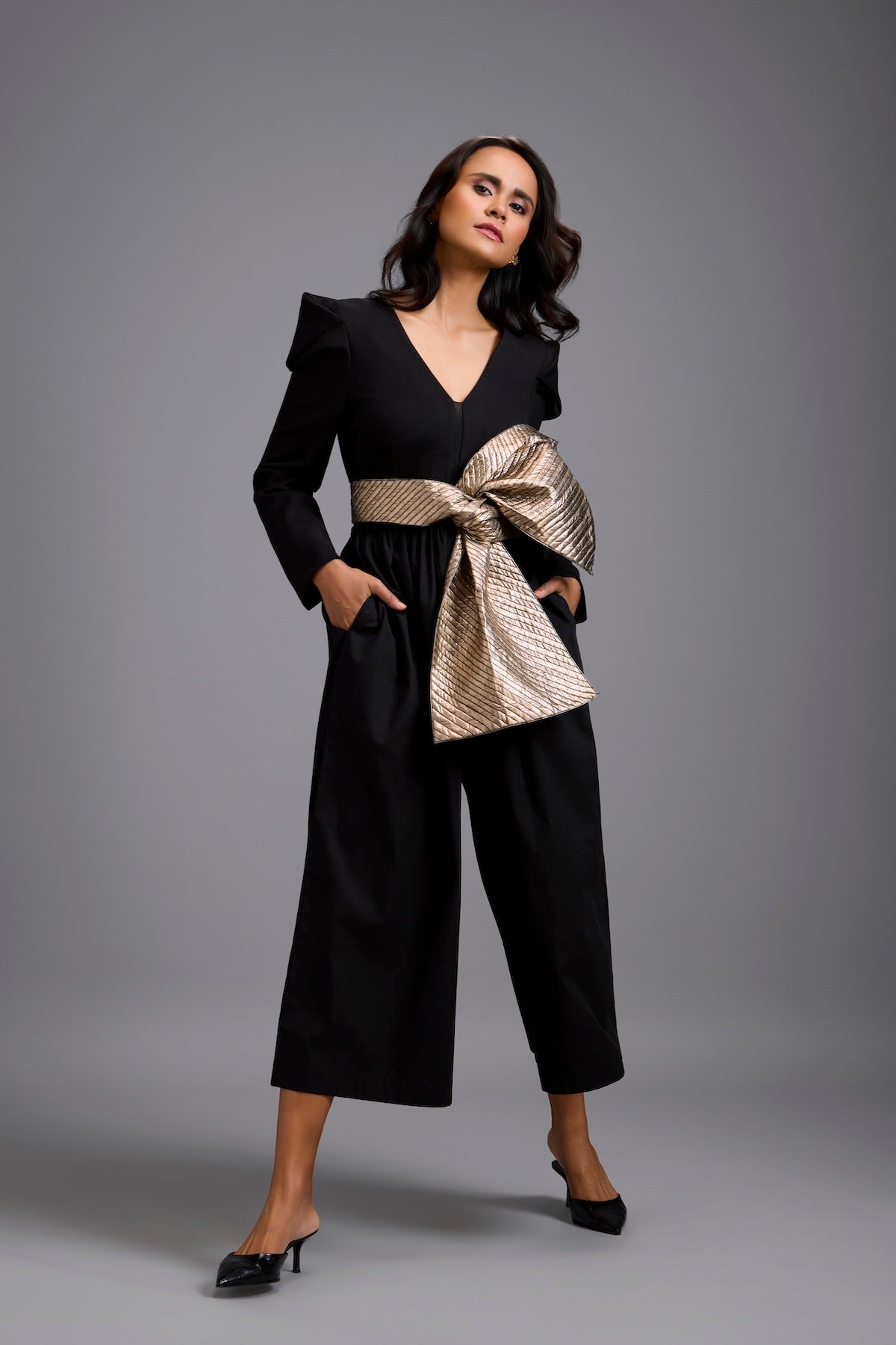 Jumpsuit with Gold Bow Waist Detail