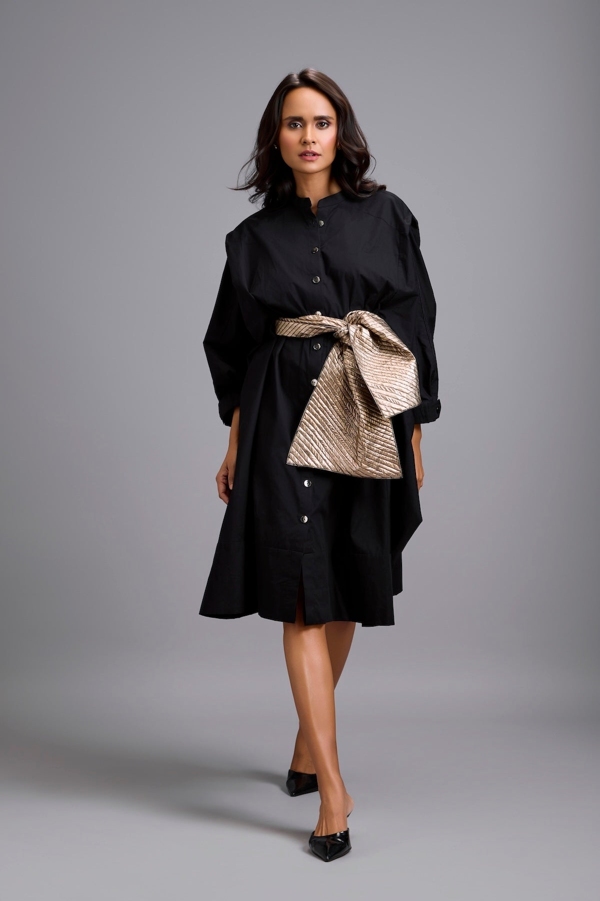 Button-Down Midi Dress with Metallic Gold Bow Belt