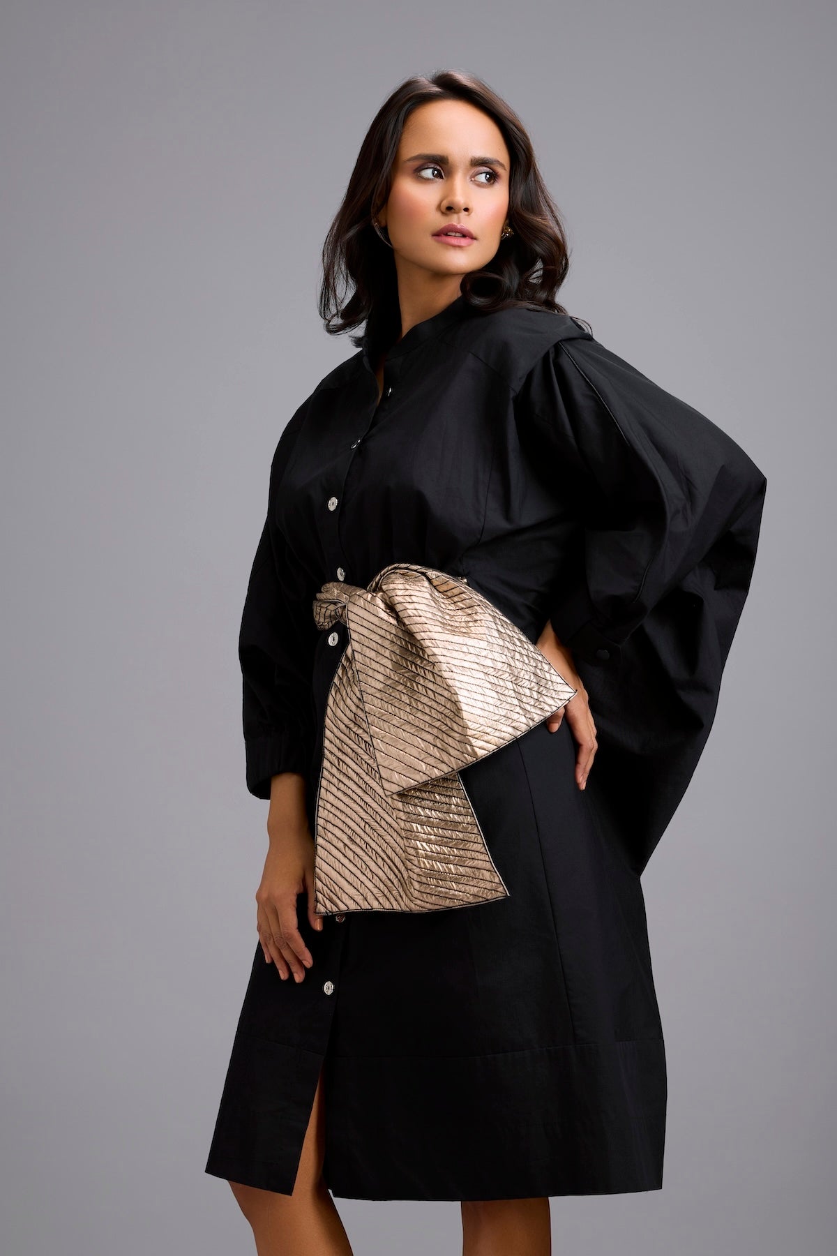 Button-Down Midi Dress with Metallic Gold Bow Belt