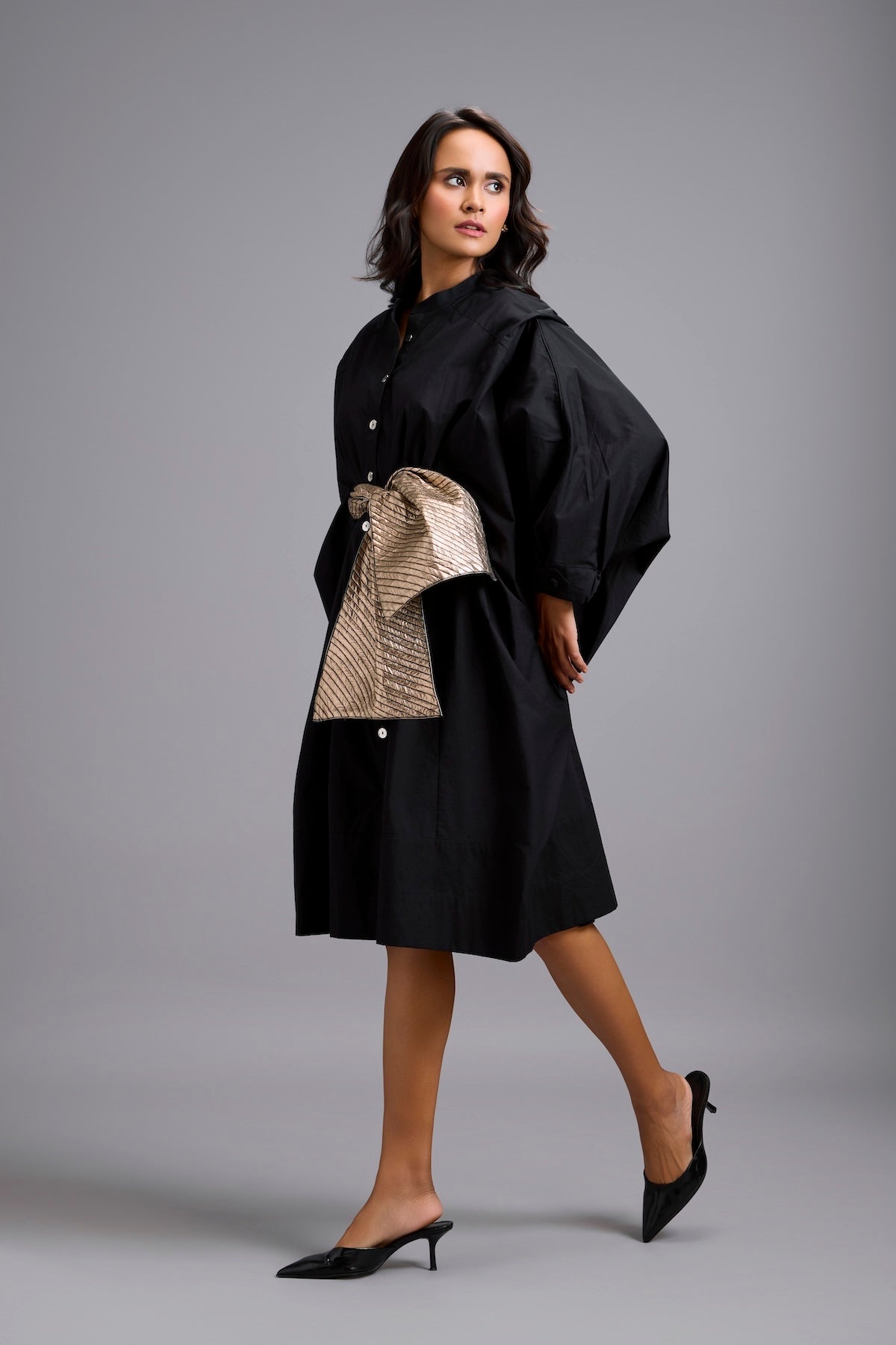 Button-Down Midi Dress with Metallic Gold Bow Belt