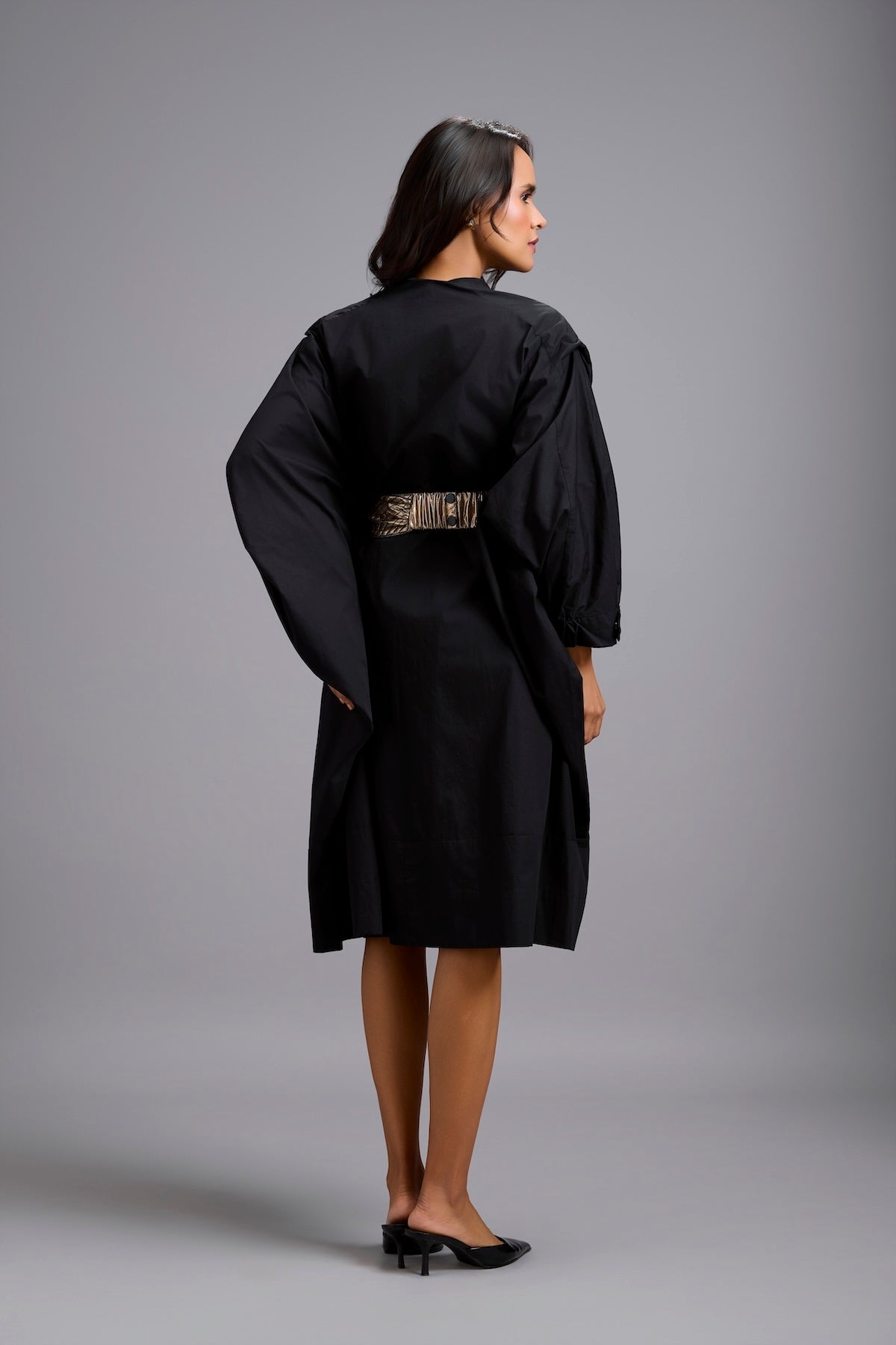 Button-Down Midi Dress with Metallic Gold Bow Belt