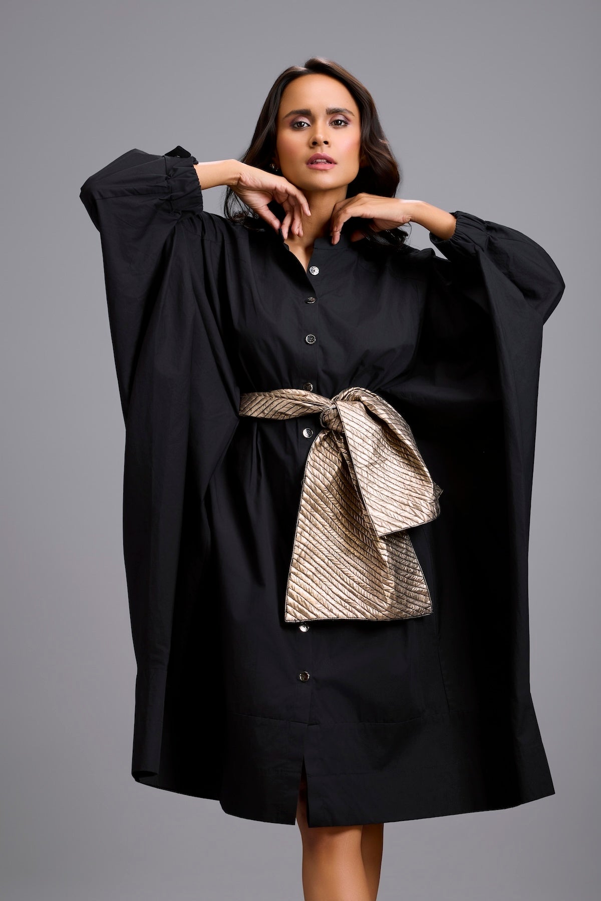 Button-Down Midi Dress with Metallic Gold Bow Belt