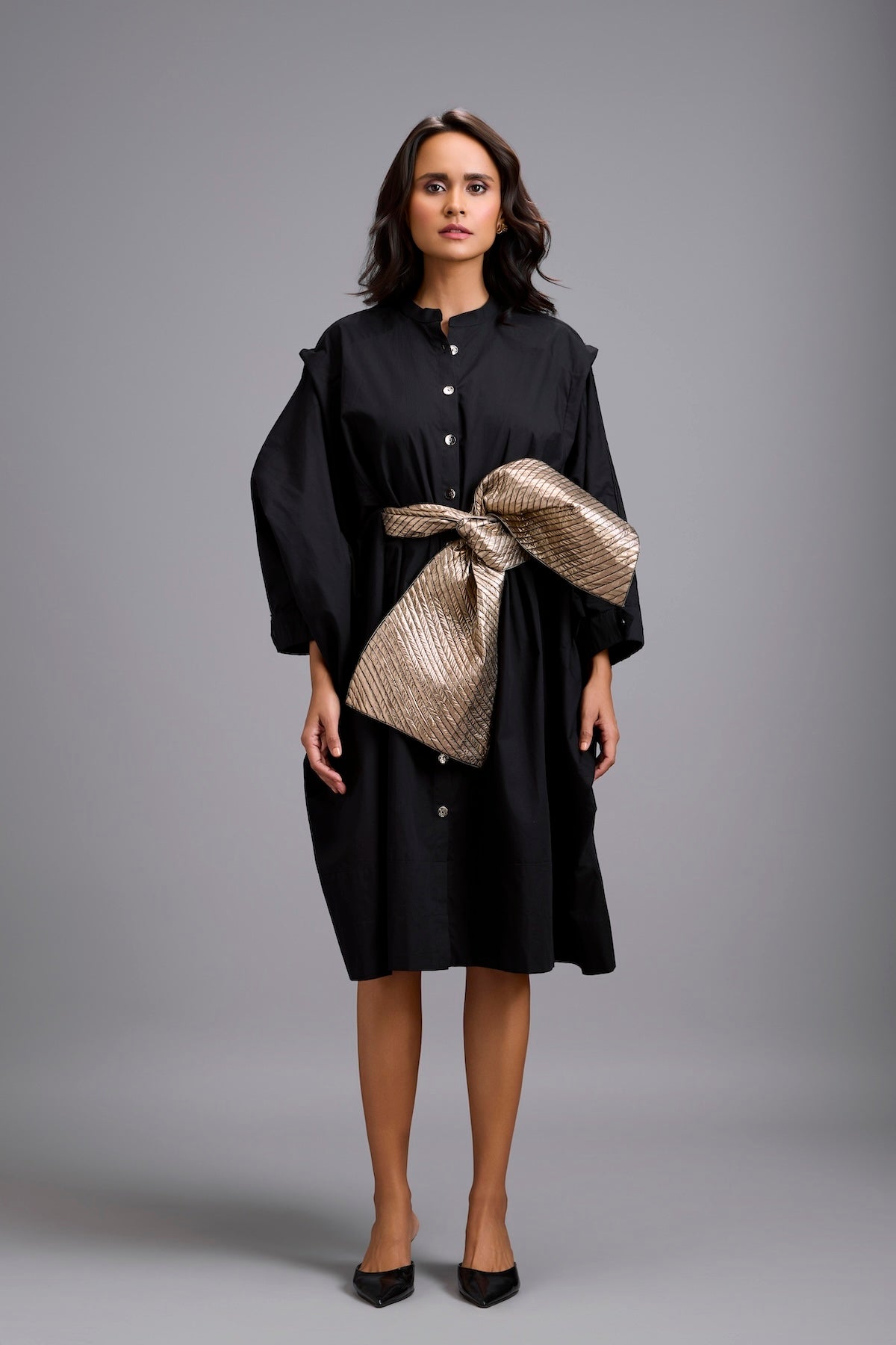 Button-Down Midi Dress with Metallic Gold Bow Belt