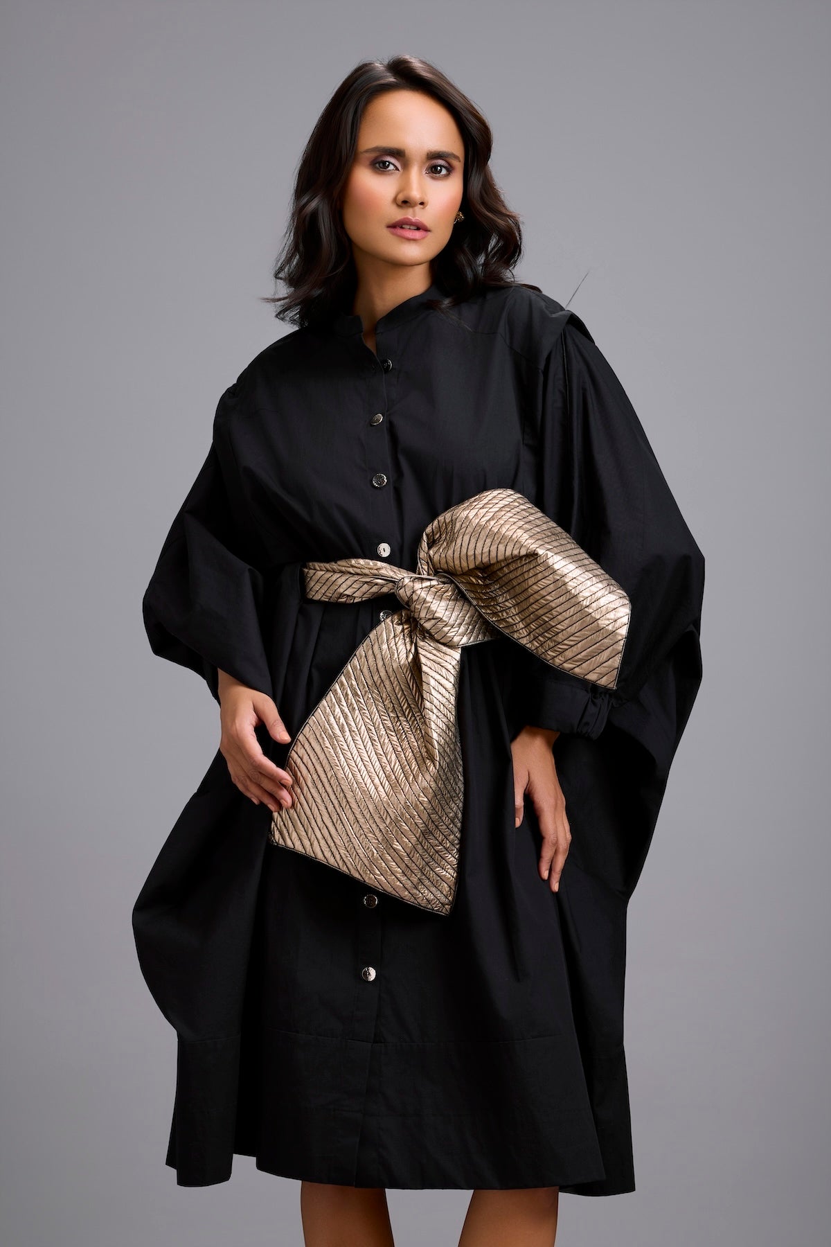 Button-Down Midi Dress with Metallic Gold Bow Belt