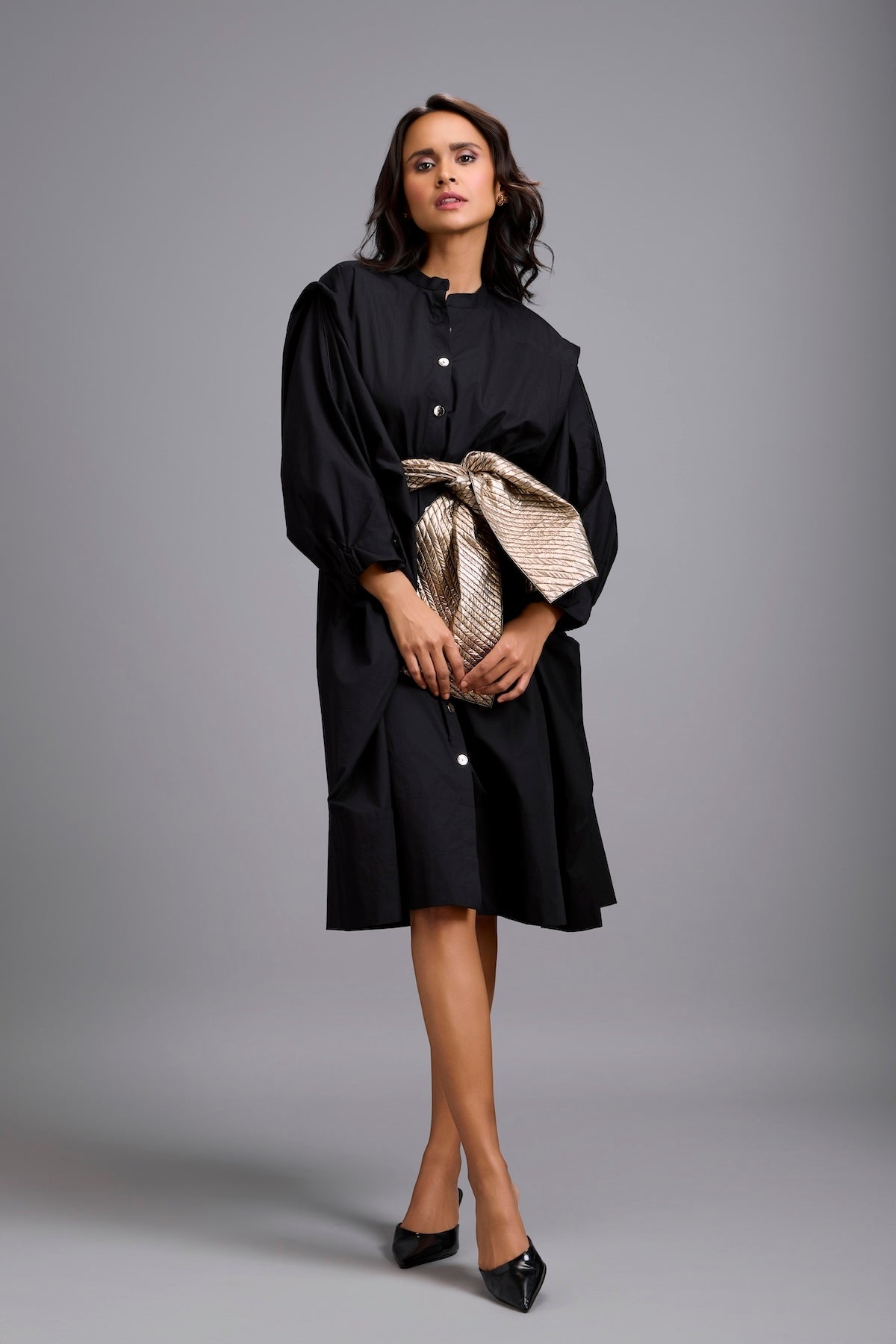 Button-Down Midi Dress with Metallic Gold Bow Belt