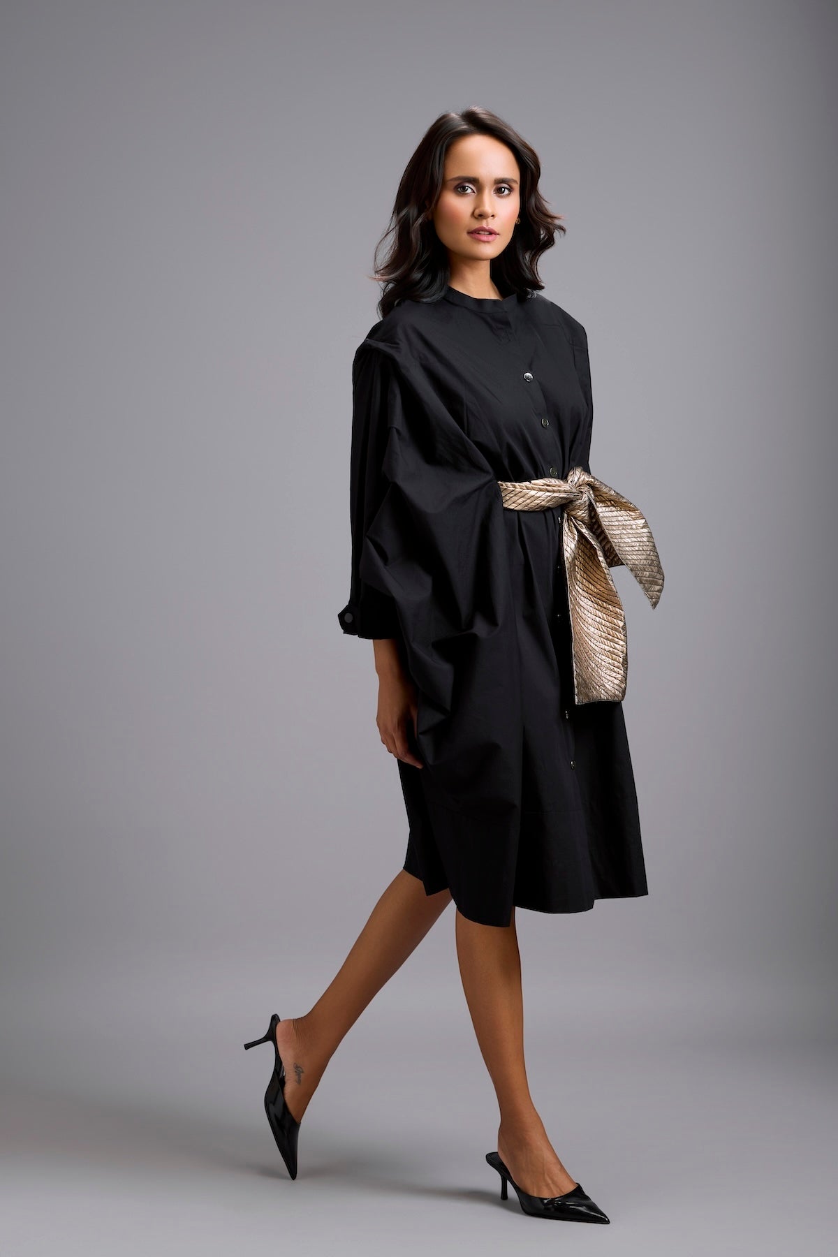 Button-Down Midi Dress with Metallic Gold Bow Belt