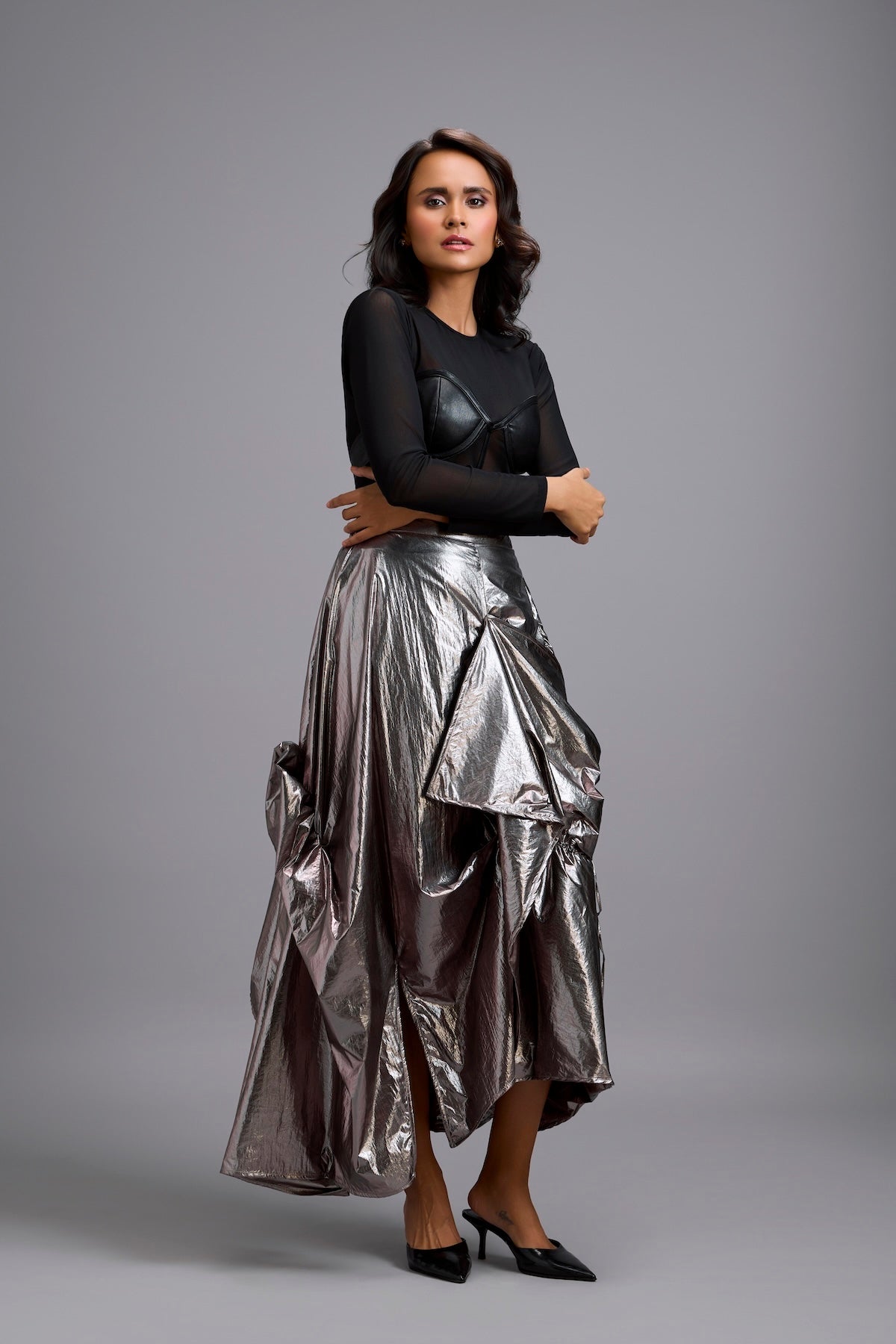 Metallic Gunmetal Maxi Skirt