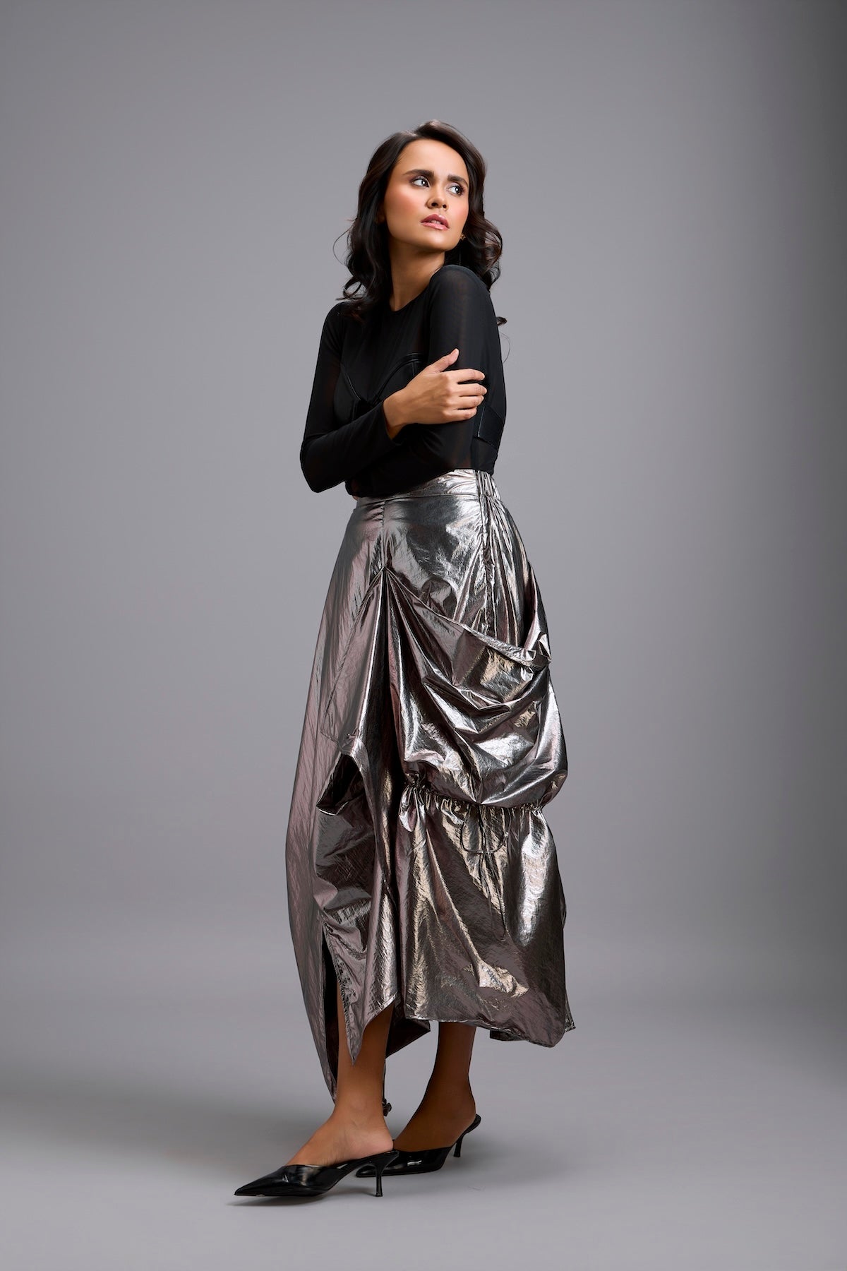Metallic Gunmetal Maxi Skirt