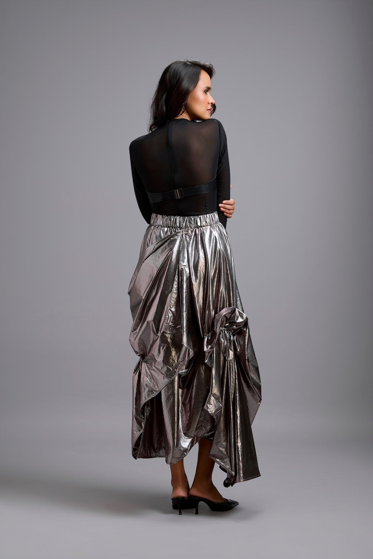 Sheer Corset Top with Draped Gunmetal Maxi Skirt