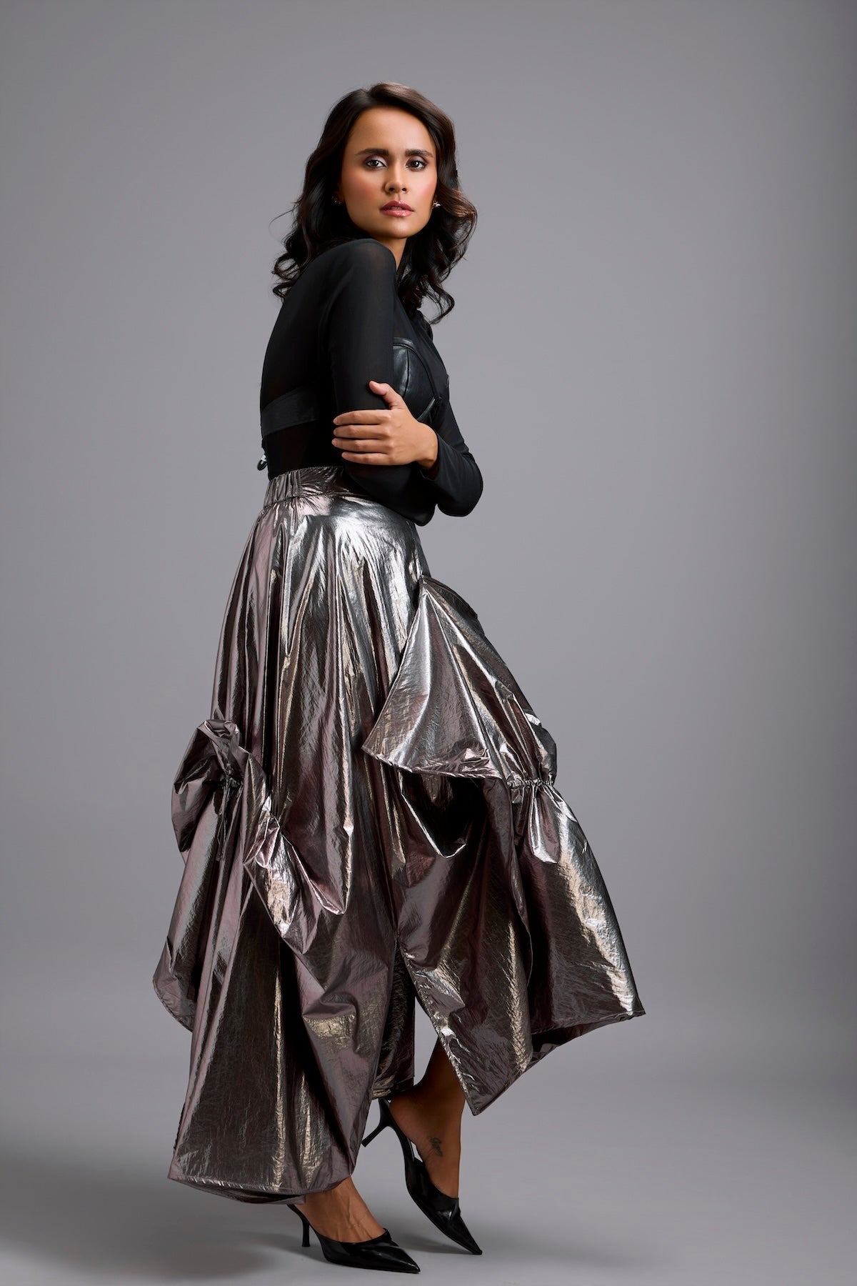 Metallic Gunmetal Maxi Skirt