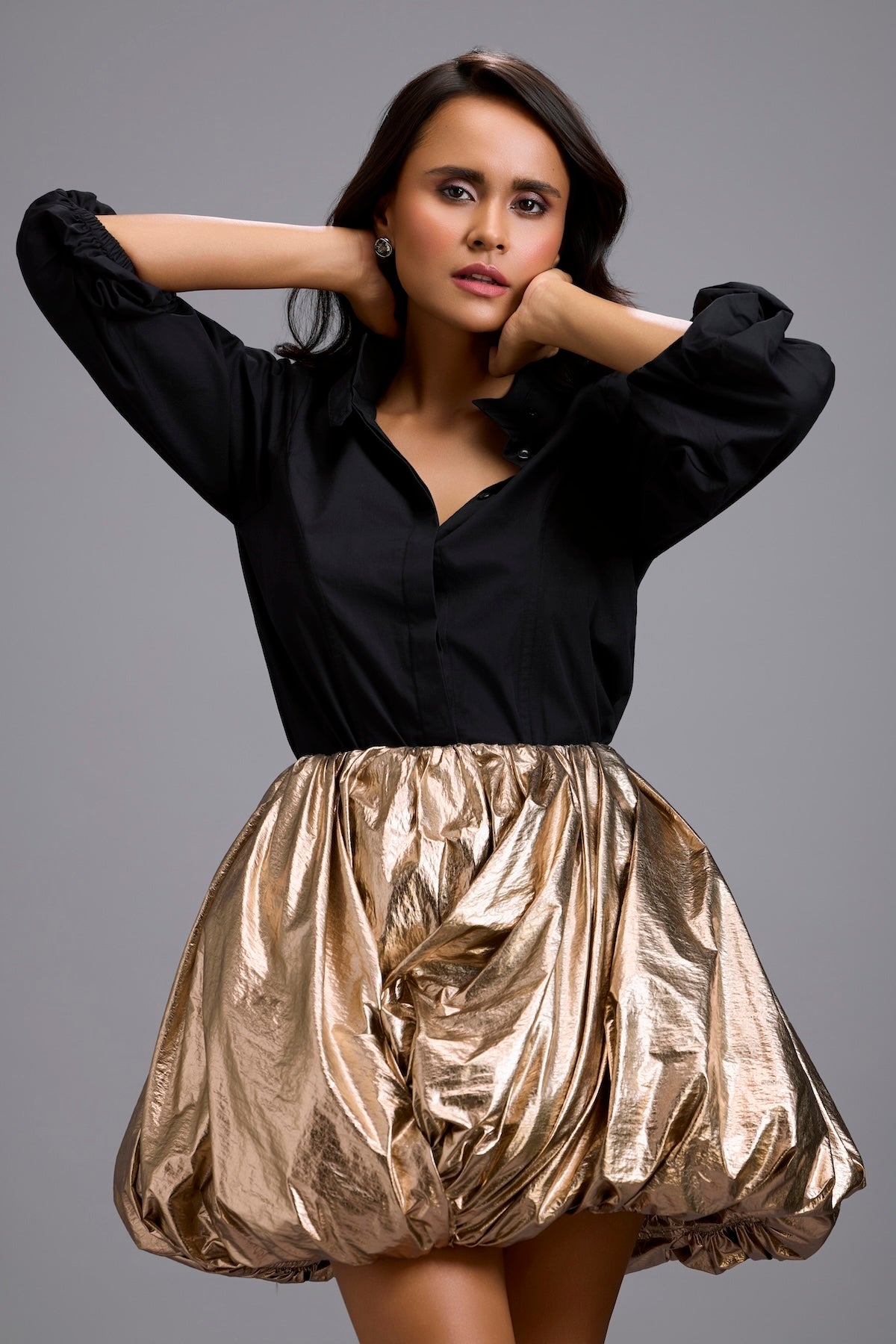 Button-Down Shirt with Metallic Gold Bubble Mini Skirt