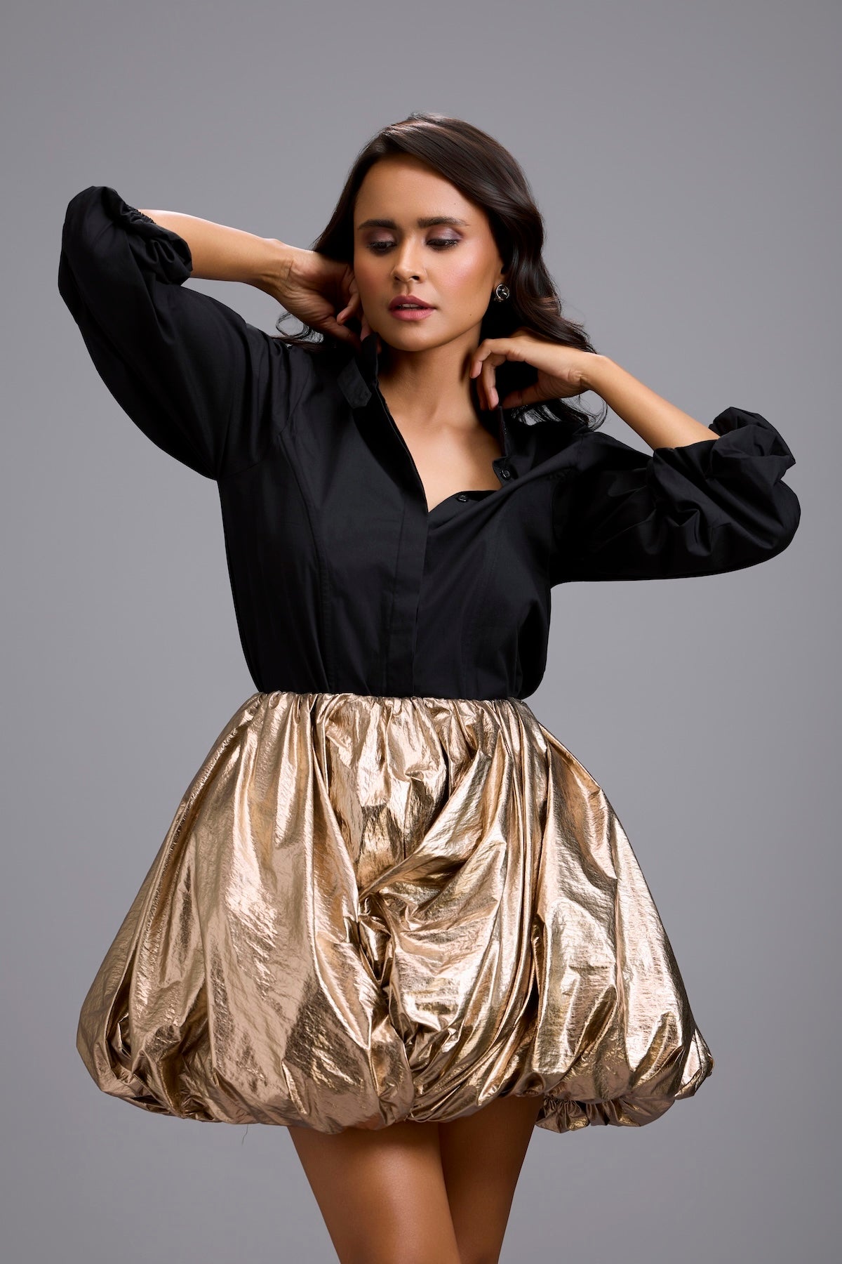 Button-Down Shirt with Metallic Gold Bubble Mini Skirt