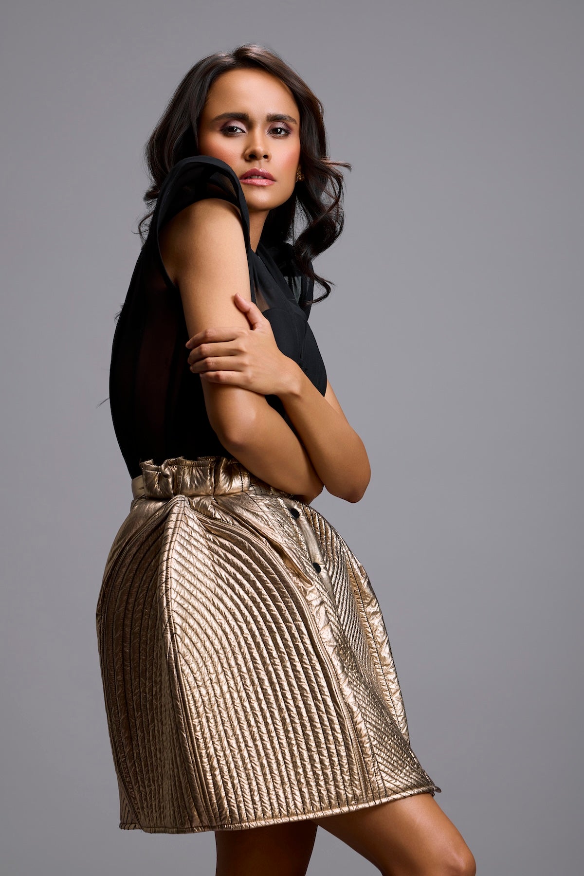 Metallic Gold Button-Down Skirt