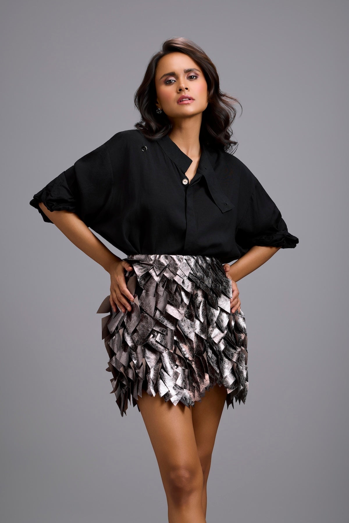 Metallic Mini Skirt with 3D Leaf Appliqué