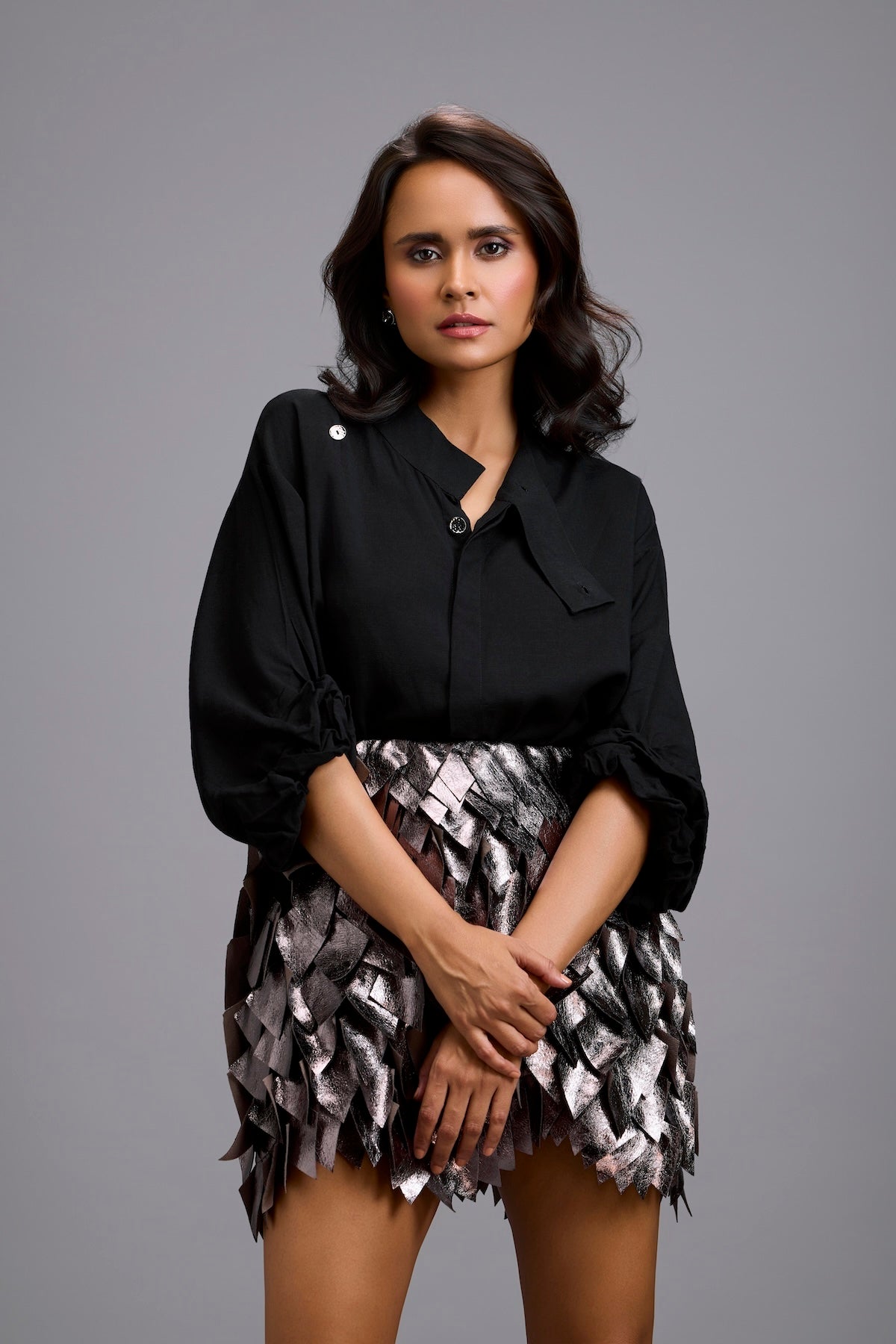 Metallic Mini Skirt with 3D Leaf Appliqué