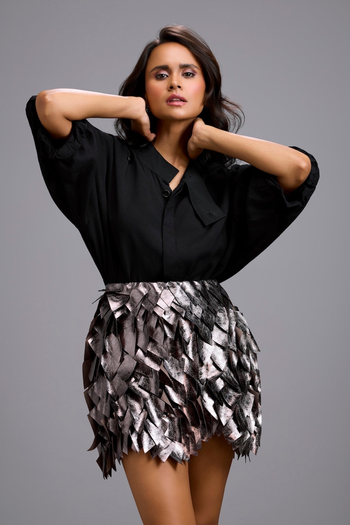 Mandarin-Collar Shirt with Textured Metallic Mini Skirt