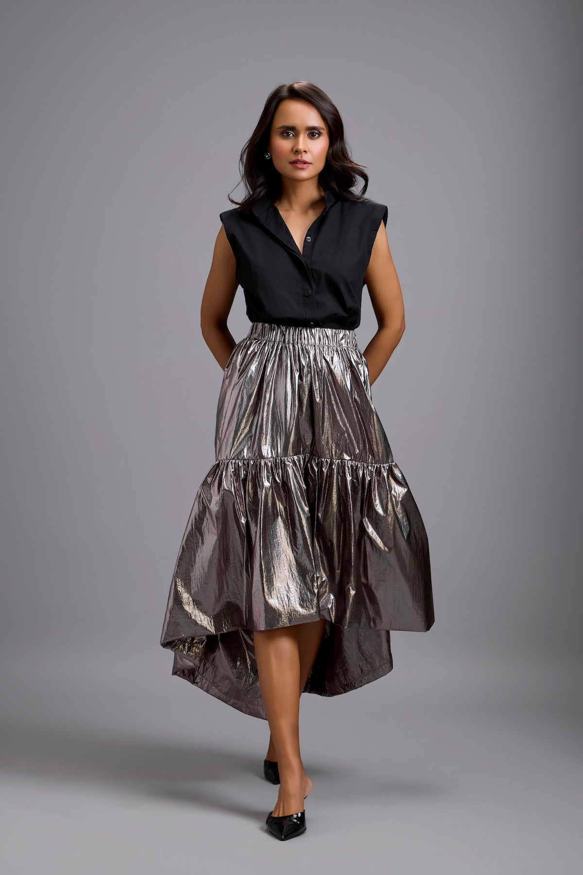 Sleeveless Shirt with Metallic Gunmetal High-Low Skirt