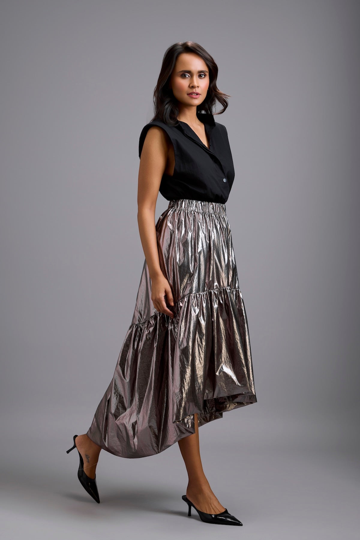 Sleeveless Shirt with Metallic Gunmetal High-Low Skirt